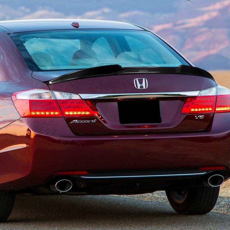 HYPERSPEED Real Carbon Fiber Trunk Spoiler Wing Lip Kit - V-Style Rear Lip Compatible with Honda Accord Sedan 2013-2017 | Car Mod Accessories & Automotive Replacement Parts | Enhance Style & Aerodynamics for Street Racing & Show Cars