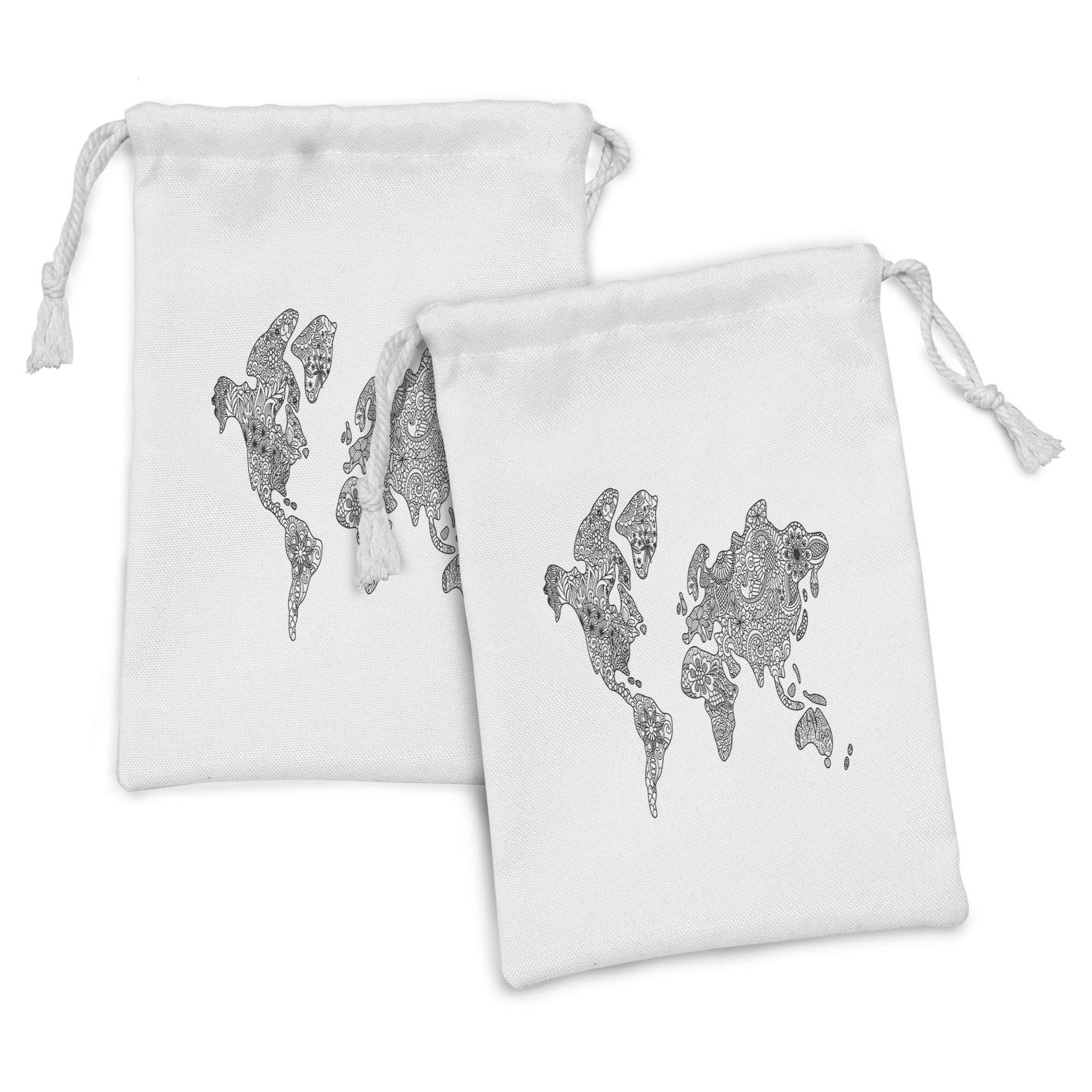 Ambesonne Floral World Map Fabric Pouch Set of 2 - Monochrome Floral Continents Design Small Drawstring Bag (9