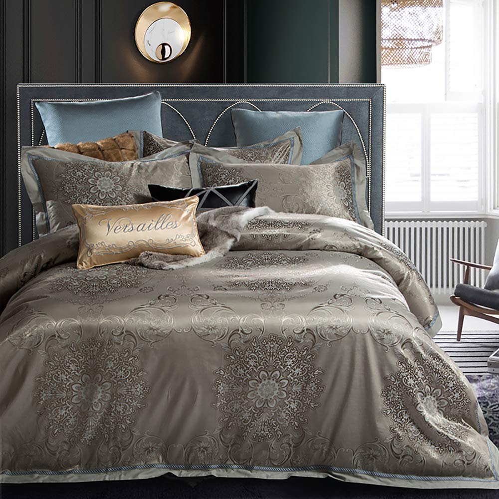 Luxury Purple and Grey Double Duvet Cover Set - King Size Cotton Silk Bedding with Satin Jacquard - 4pc Bedding Set for Master Bedroom & Guest Room Decor