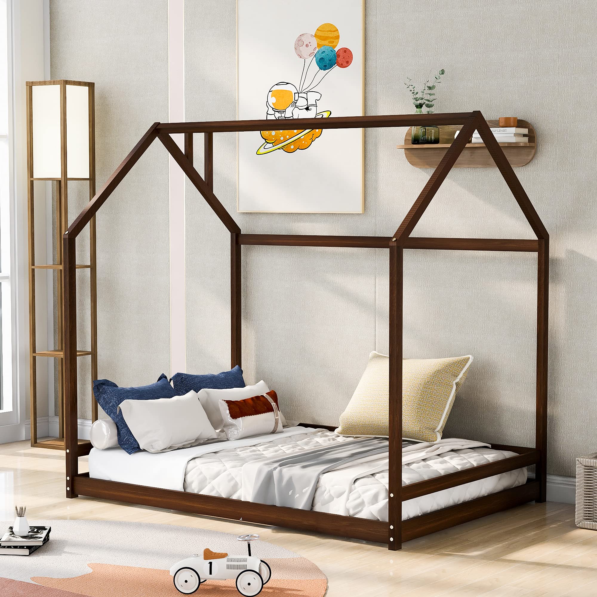 LZ LEISURE ZONE Full Size Wooden House Bed Frame for Kids & Toddlers - Espresso Finish - Perfect for Bedrooms, Playrooms & Sleepovers