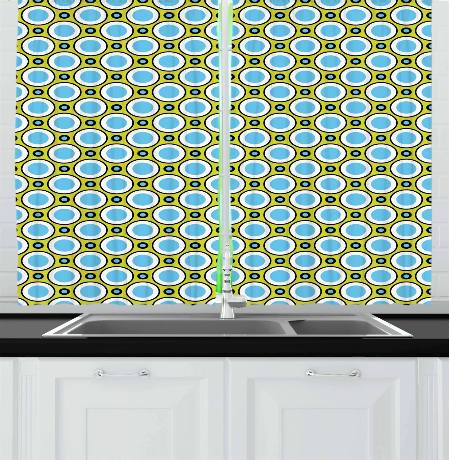 Ambesonne Geometric Long Kitchen Curtains - Vintage Retro Circles & Dots Design, 2 Panels with Rod Pocket, 55x45 Inches, Yellow Green Blue Black - Perfect for Farmhouse, Boho & Mid-Century Modern Home Decor