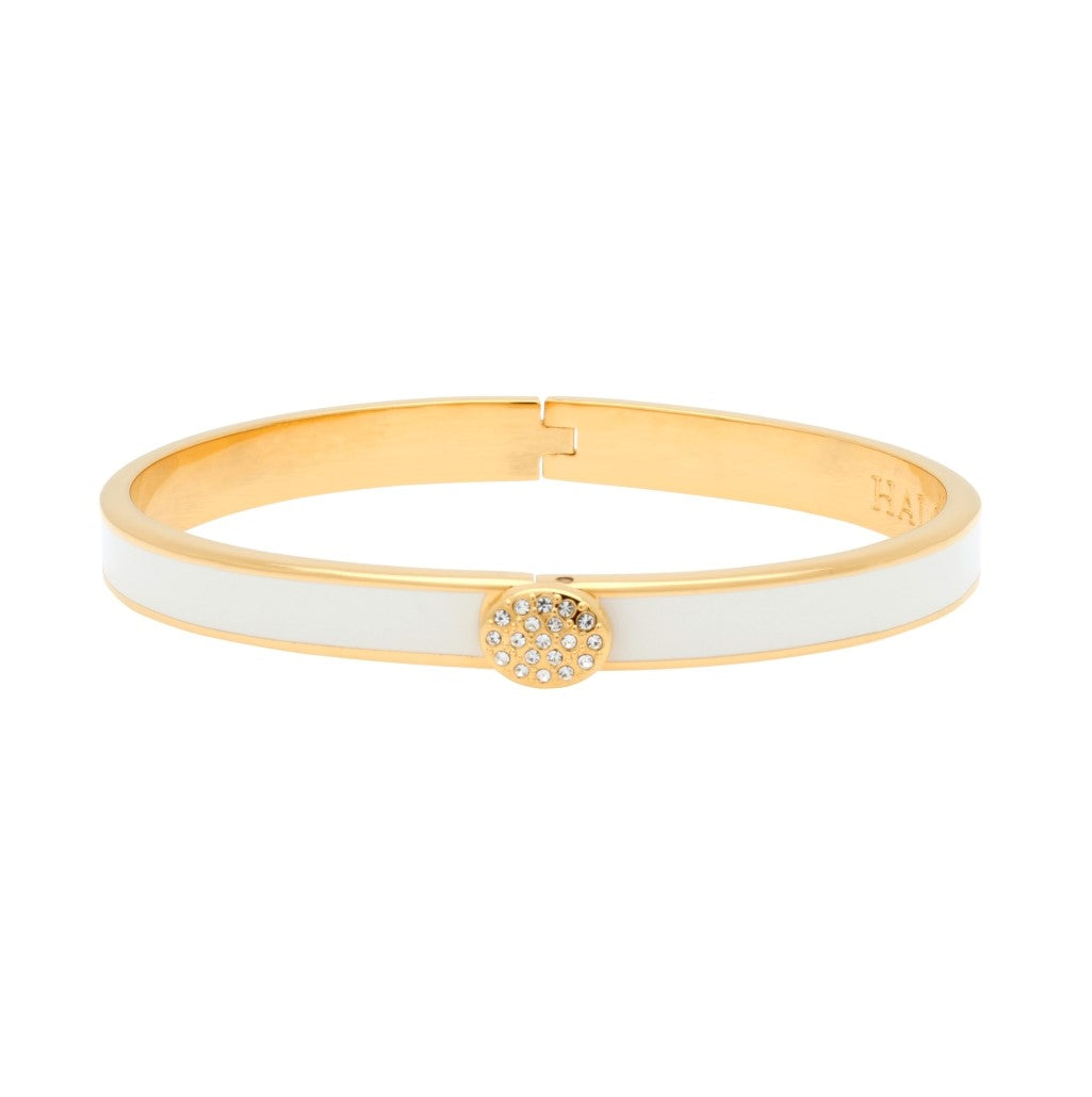 Pavé Button Skinny Enamel Bangle Bracelet for Women - Cream White Dainty Minimalist Jewelry, Perfect for Everyday Wear, Office, Date Night & Special Occasions