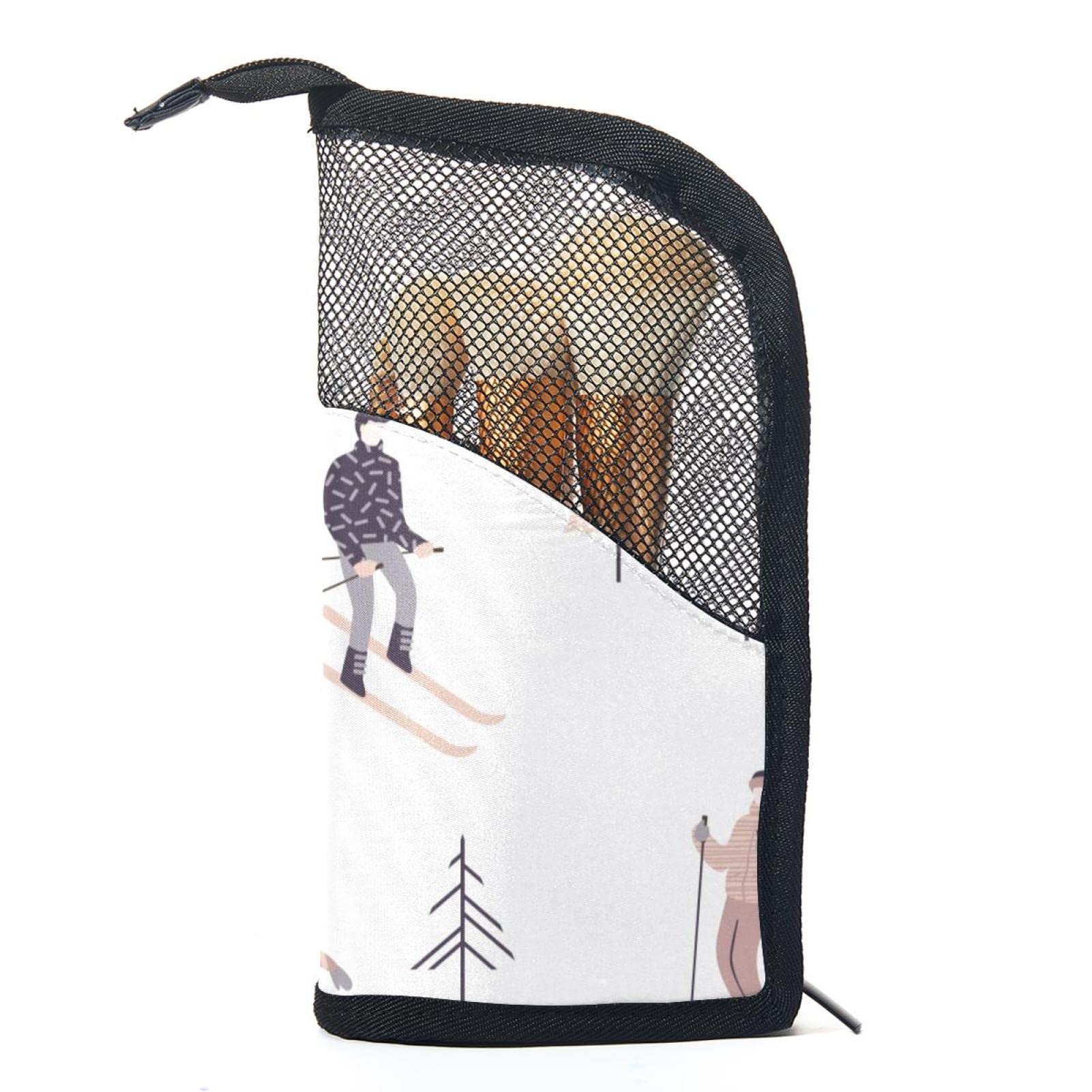 Portable Makeup Brush Organizer Bag with 12 Slots - Cute Tree & Skiing Cartoon Design - Travel Cosmetic Brush Holder Case for Home, Travel & Professional Makeup Artists