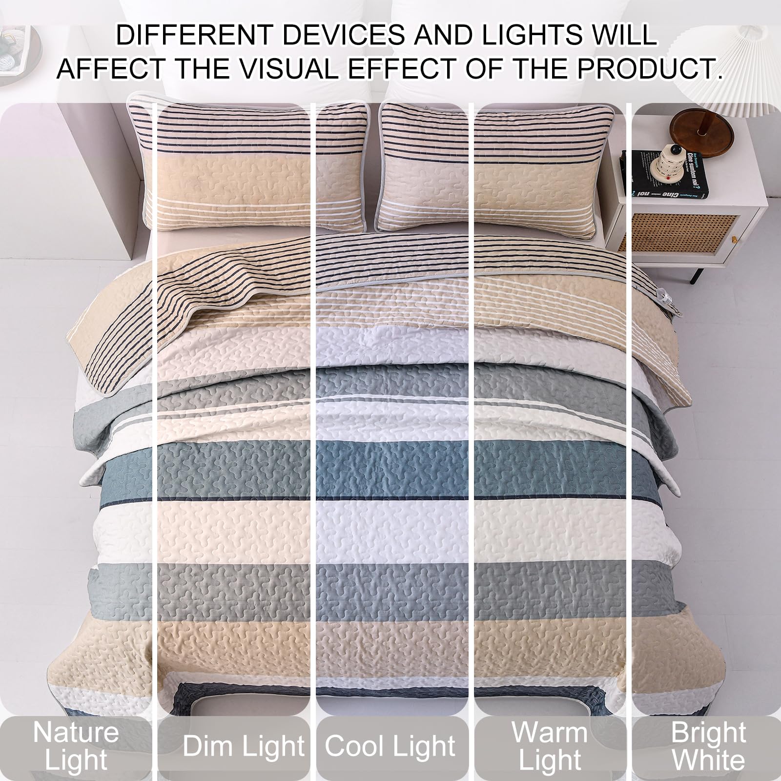 Beige Boho Quilt Queen Size Set - 3 Piece Reversible Microfarmhouse Bedspread with 2 Pillowcases | Khaki Striped Design for All Seasons | Perfect for Farmhouse, Bohemian & Fall Bedroom Decor (Gray Quilt)