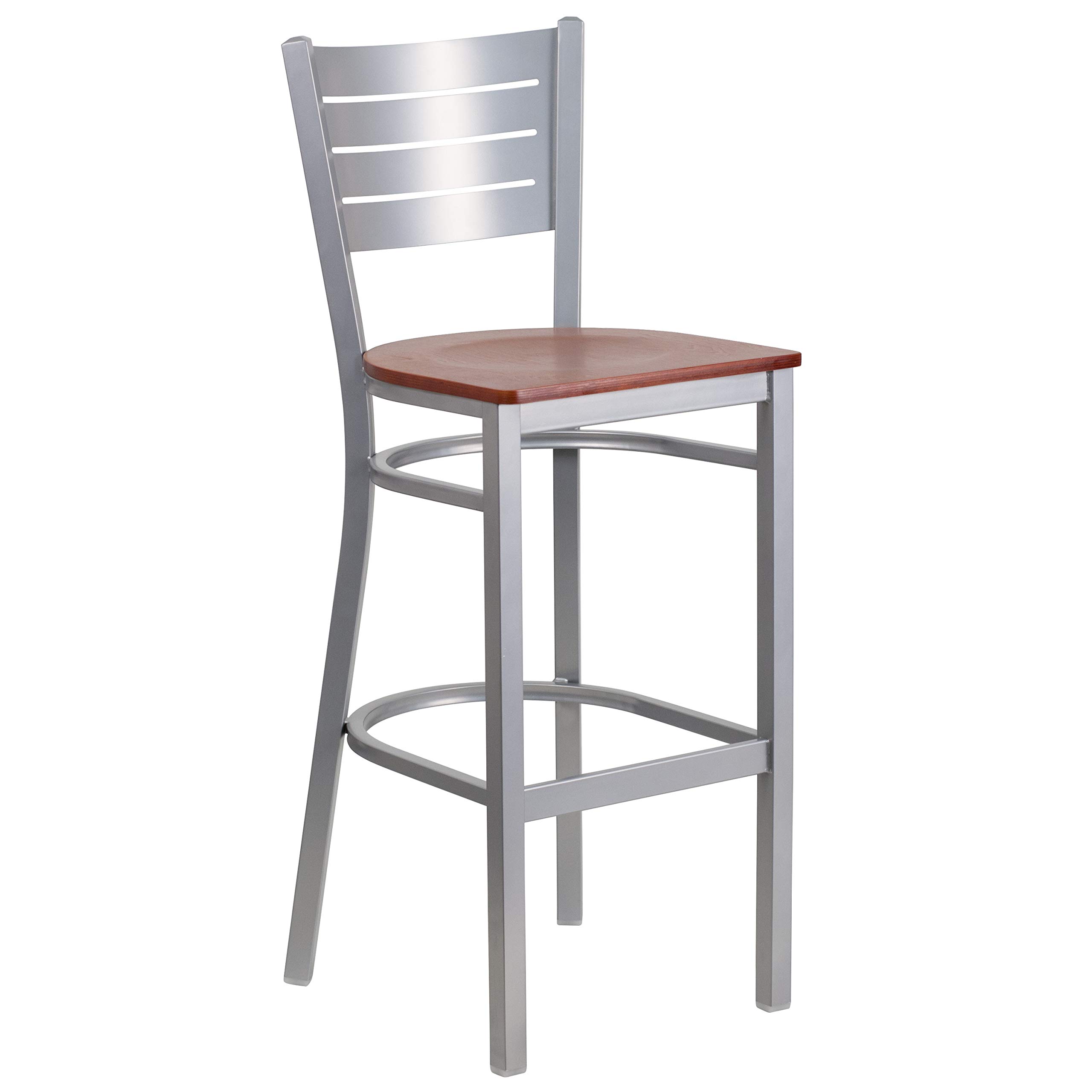 2 Pack Silver Metal Bar Stools with Cherry Wood Seat - Industrial Style Counter Height Stools for Kitchen Island, Bar, Restaurant & Home Decor