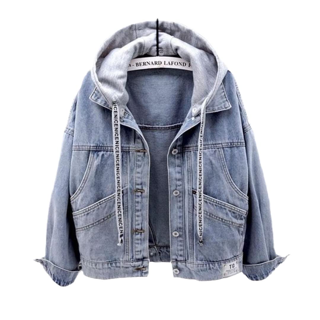 Vintage Women's Loose Fit Denim Jacket with Hood - Multi-Pocket Short Denim Coat for Spring & Autumn | Casual Streetwear, Layering Essential, Outdoor Fashion