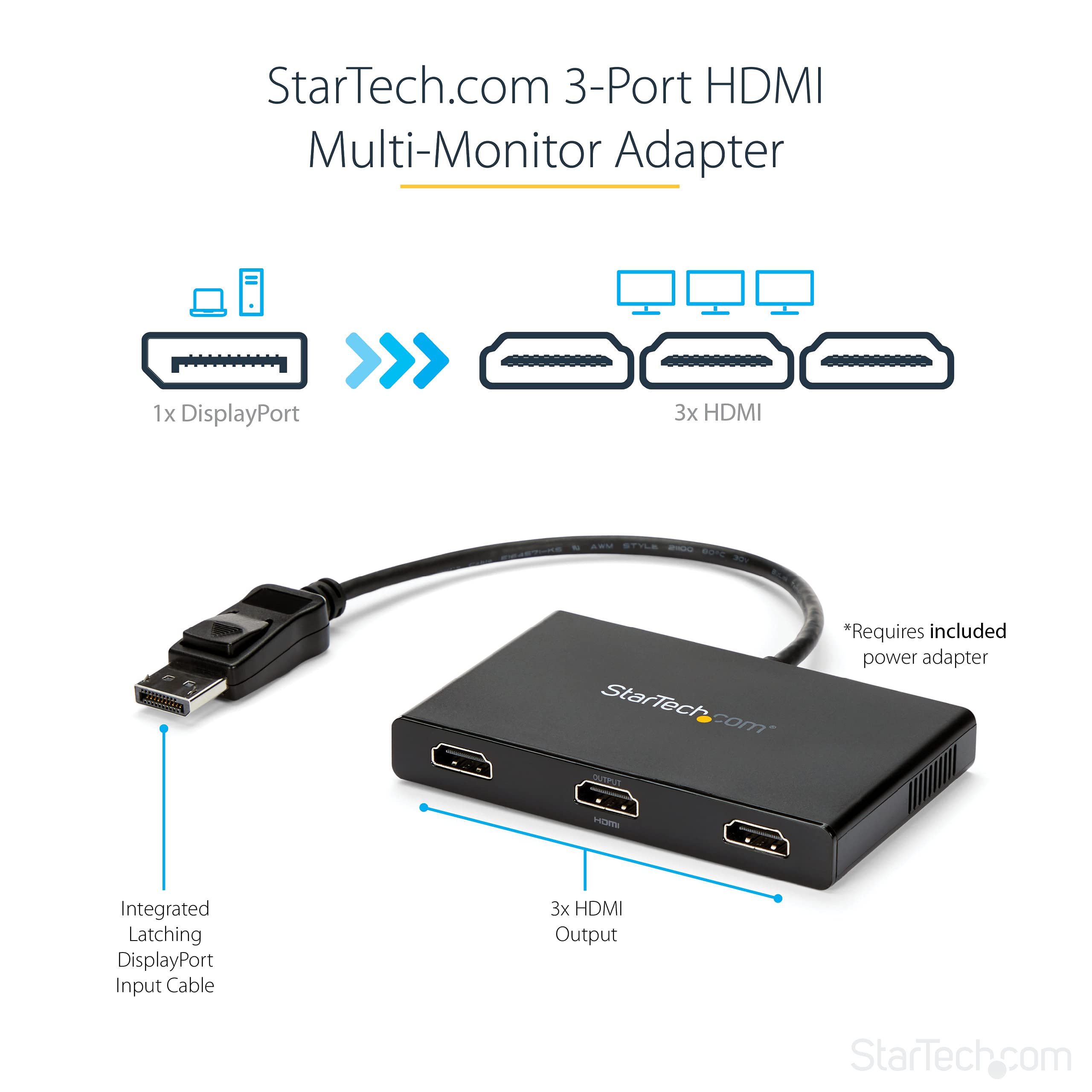 StarTech.com 3-Port Multi Monitor Adapter - DisplayPort 1.2 to 3X HDMI MST Hub - Triple 1080p HDMI Monitors - Extended or Cloned Display Mode - Windows PCs Only - DP to 3X HDMI Splitter (MSTDP123HD) - Perfect for Office Workstations, Gaming Setups & Financial Trading Desks