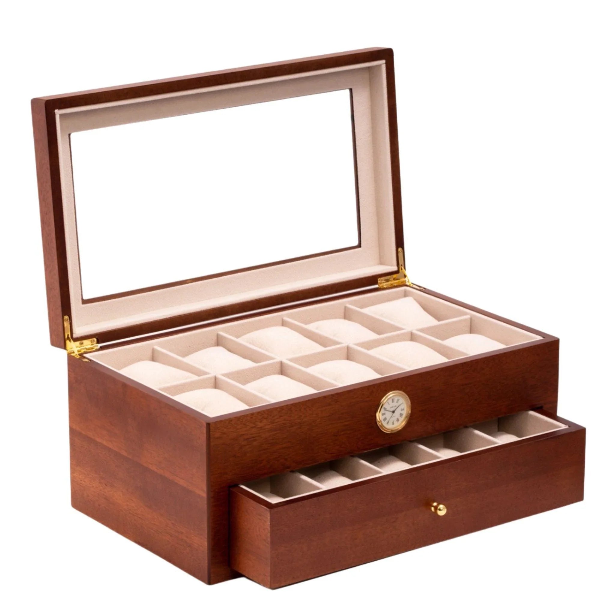 20-Slot Luxury Watch Box with Glass Top & Built-in Clock - Premium Cherry Wood Display Case for Men | Perfect for Watch Collectors, Gifts & Home Décor