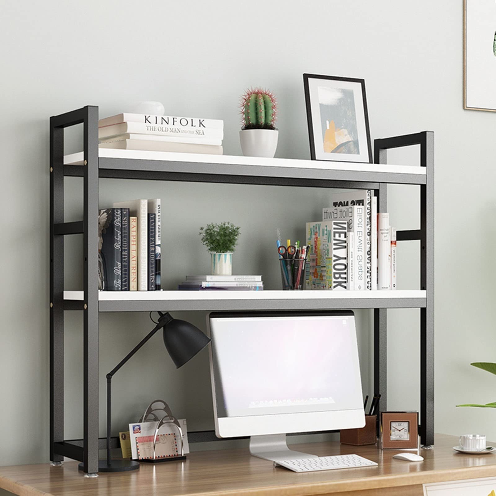 FPIGSHS Adjustable Desktop Bookshelf - Wood & Metal Countertop Hutch Organizer, 53