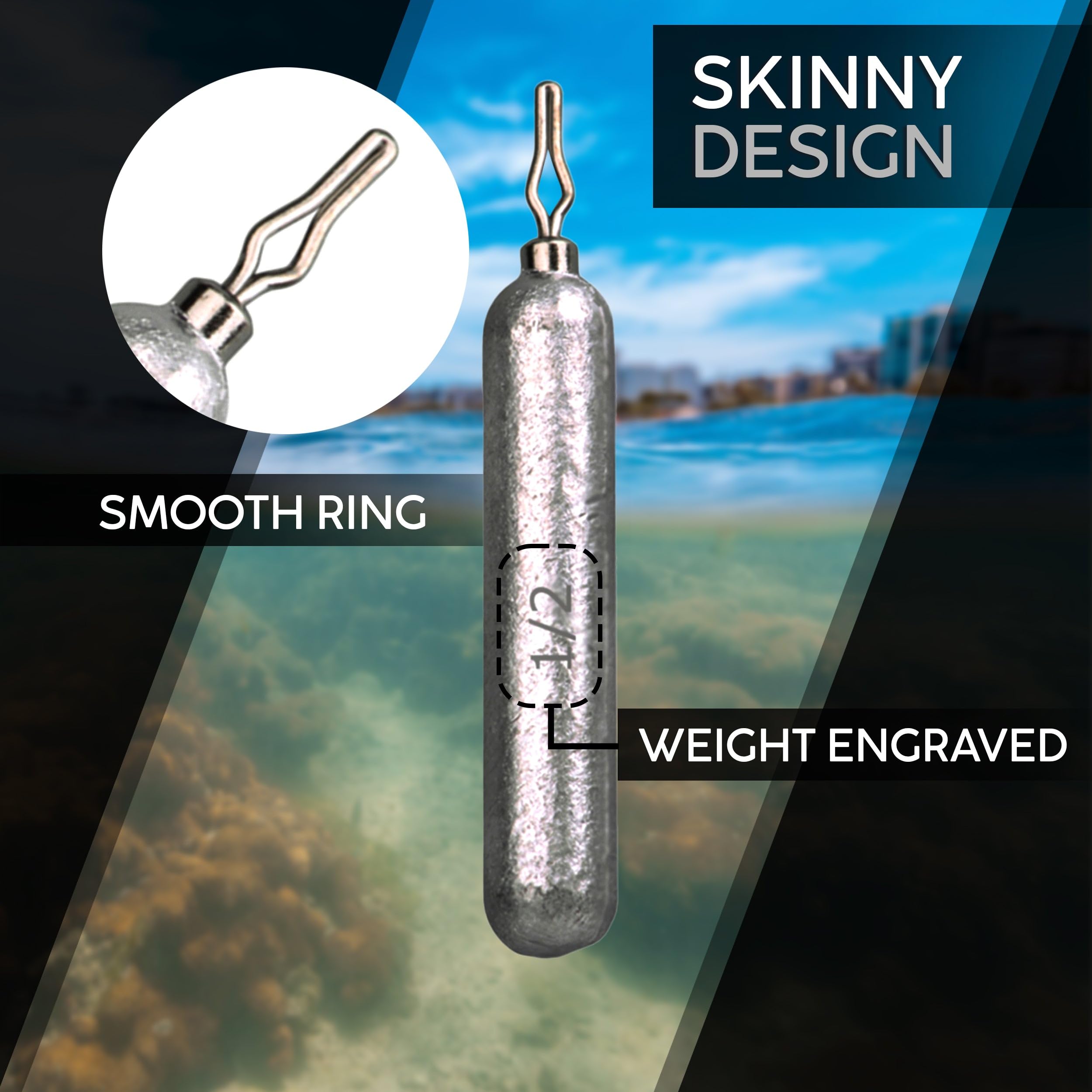 Reaction Tackle Drop Shot Weights - Skinny Pencil Shaped Snagless Sinkers for Bass Fishing (Saltwater & Freshwater) - Ideal for Dropshot Rig Fishing with Soft Plastic Lures - Perfect for Shore Fishing, Kayak Fishing and Tournament Angling