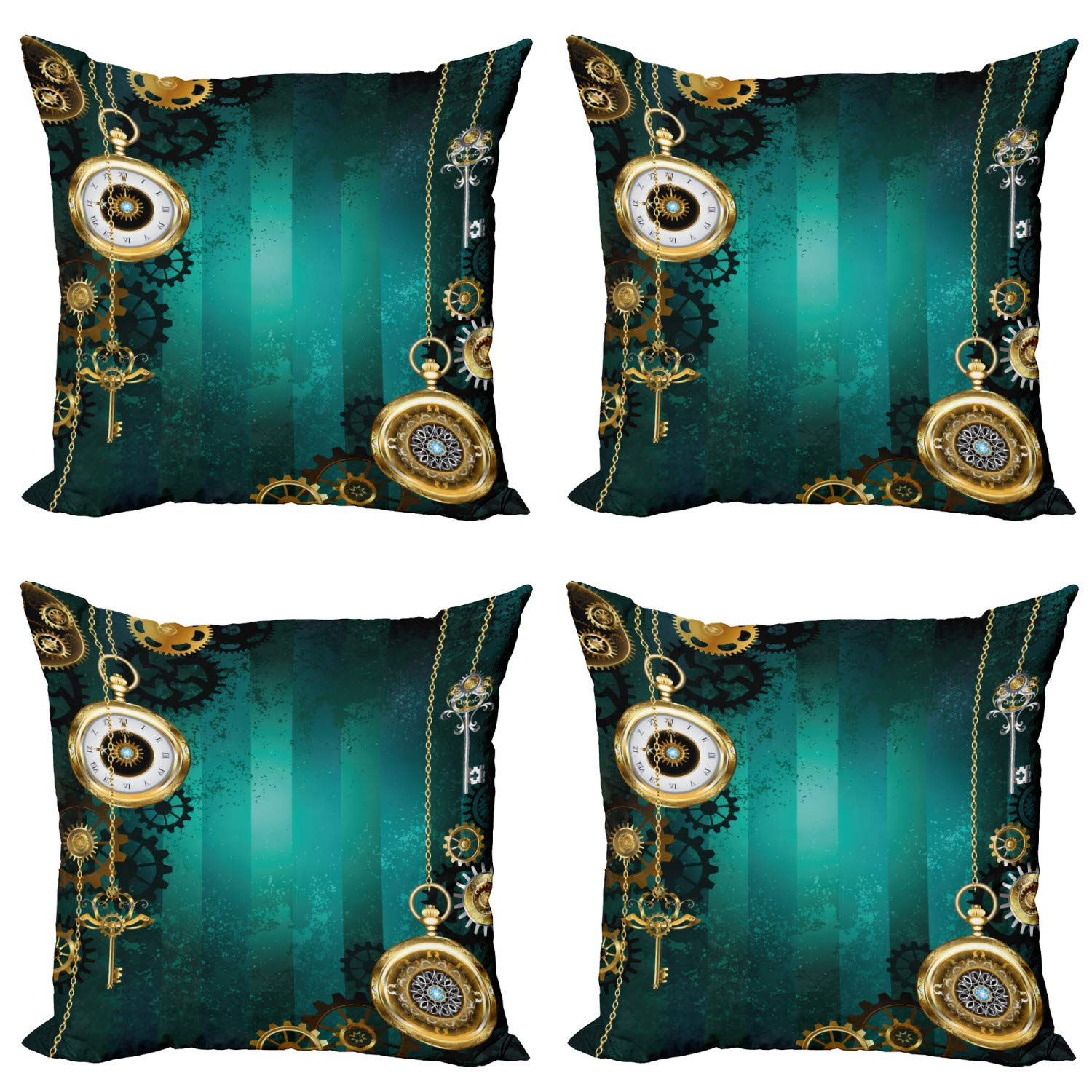 Ambesonne Industrial Decorative Throw Pillow Covers Set of 4 - Vintage Steampunk Design with Antique Watches, Keys & Chains - 16 Inch Multicolor Cushion Covers for Sofa, Living Room, Bed & Car Decor