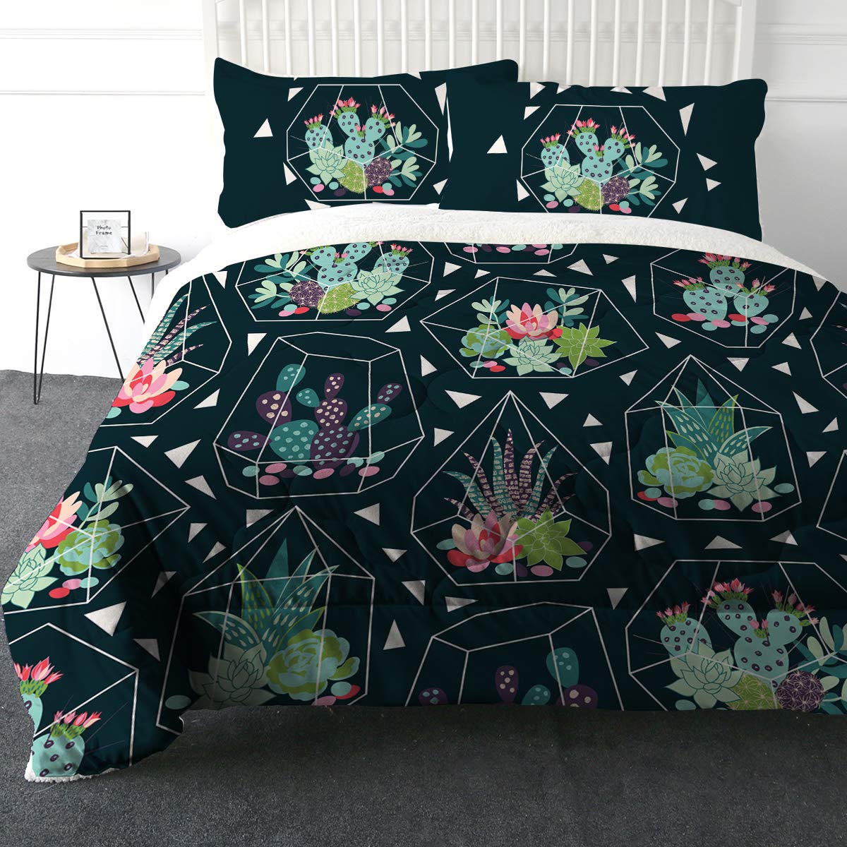 Micromink Sherpa Comforter Set - Queen Size Plush Geometric Succulents 3D Print Fuzzy Duvet Blanket with 2 Pillow Shams | Ultra-Soft Polyester Bedding for Cozy Winter Nights & Modern Bedroom Decor