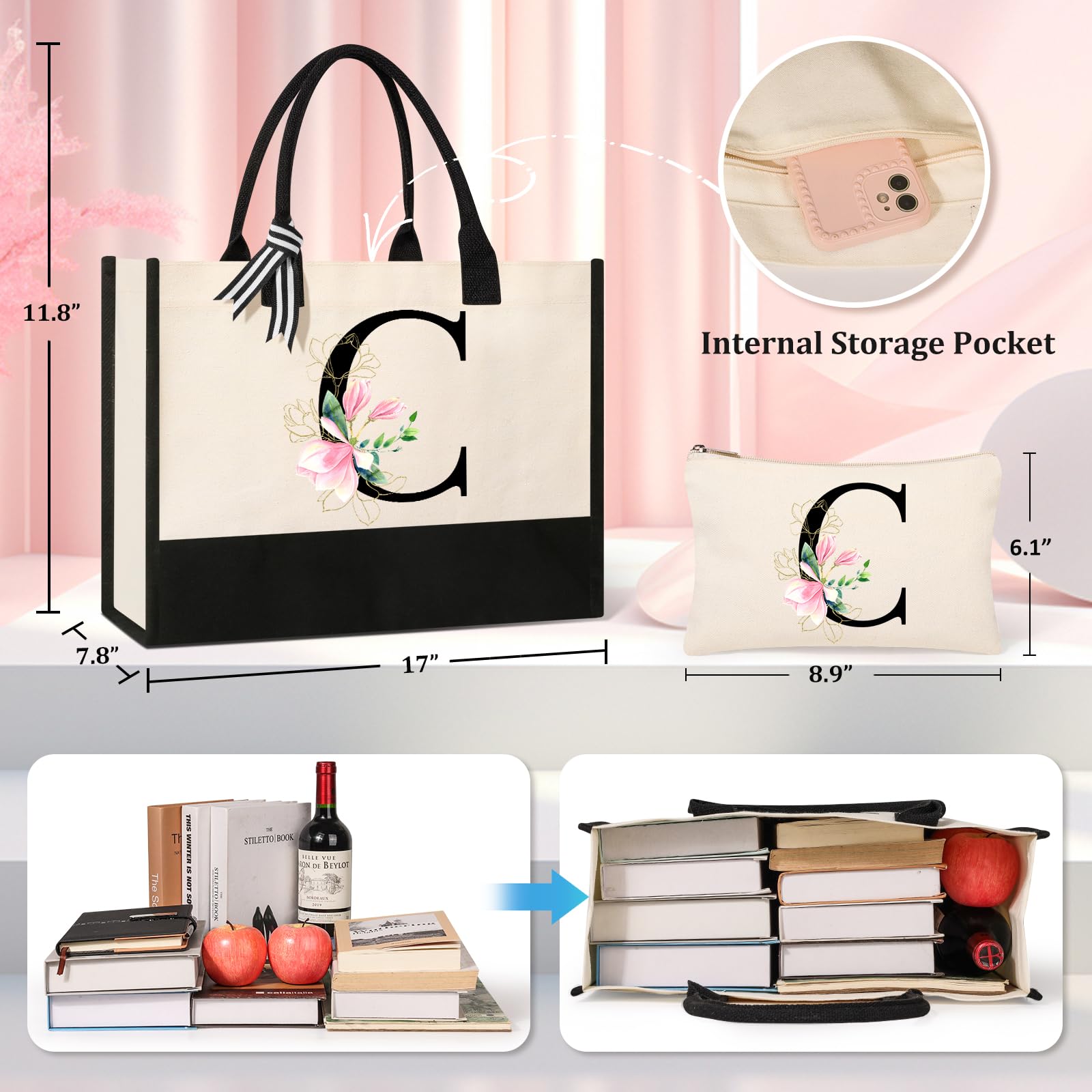 AYGE Personalized Monogrammed Canvas Beach Tote - Stylish Makeup Bag, Perfect Birthday Gift for Women, Sister, Mom, Teacher & Bridesmaid - Ideal for Beach Days, Shopping & Travel