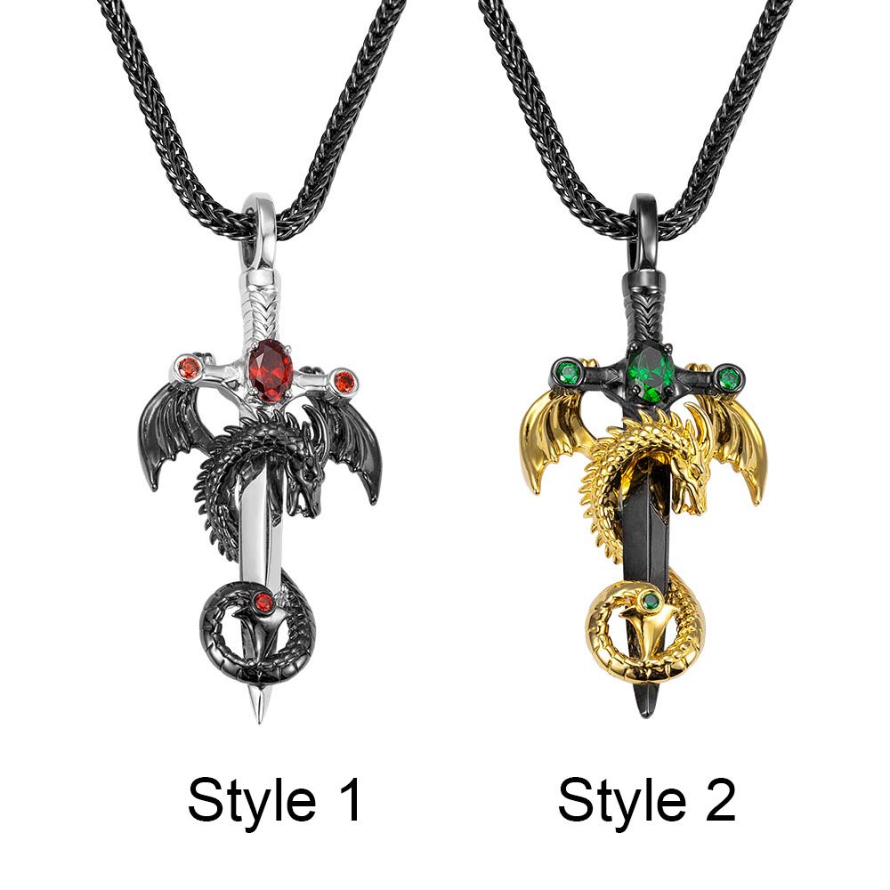 Dragon Sword Necklace with Cross | Personalized Birthstone Dragon Pendant for Men | Black Gold Wing Dragon Necklace Gift for Dad | Father's Day, Christmas, Birthday Gift for Him | Perfect for Cosplay, Fantasy Lovers & Medieval Enthusiasts