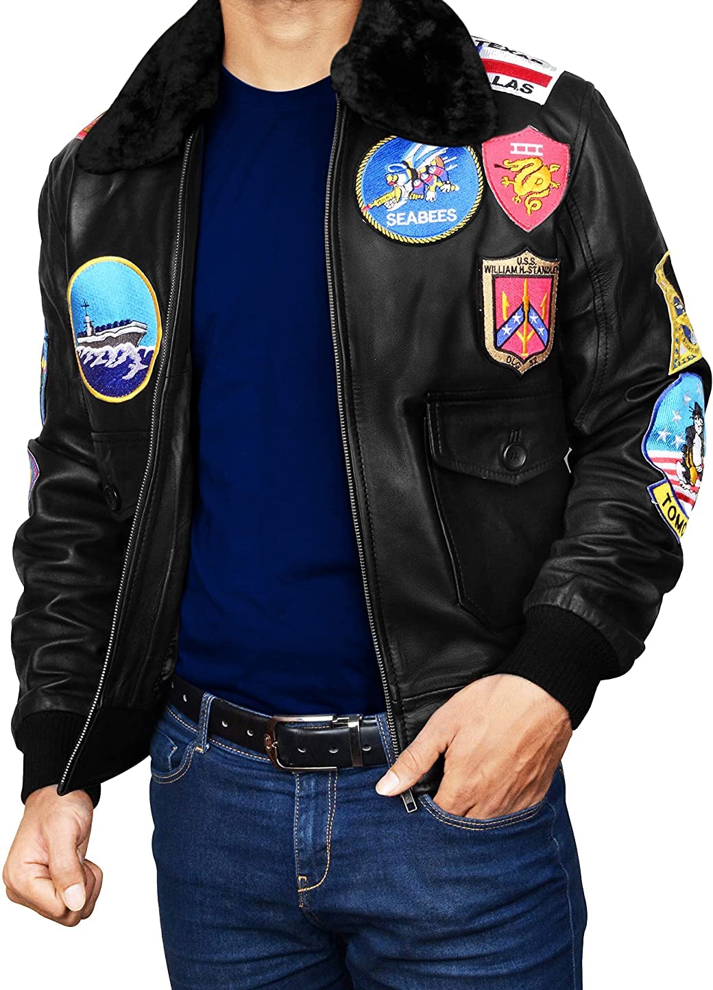 Men's Aviator Bomber Jacket - Genuine & Faux Leather Pilot Coat with Removable Fur Collar - Inspired by Top Gun & Tom Cruise Style - Perfect for Casual Wear, Motorcycle Riding & Winter Fashion