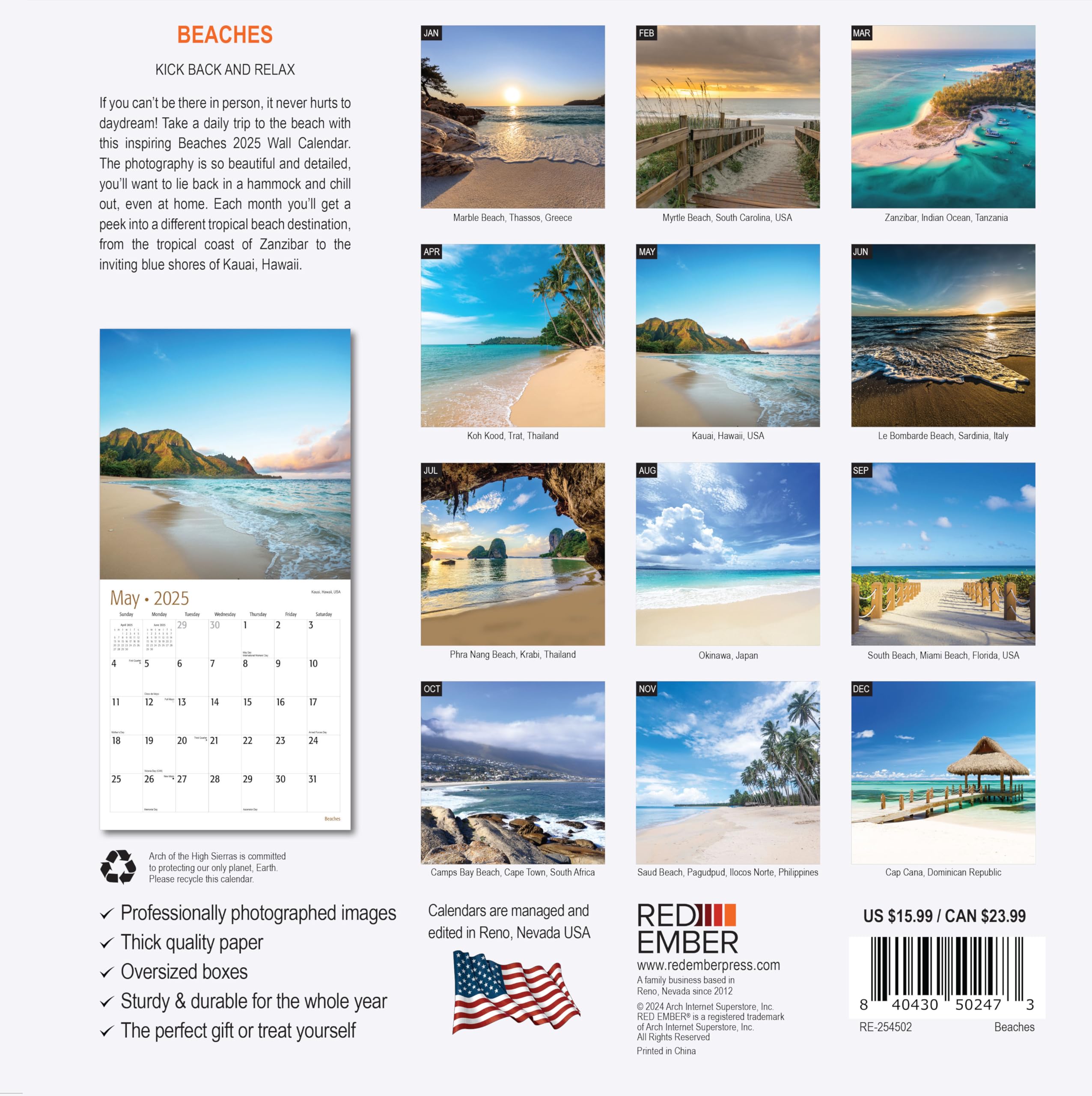 RED EMBER Untamed & Beautiful Beaches 2025 Wall Calendar - 12 Month Large Format (12