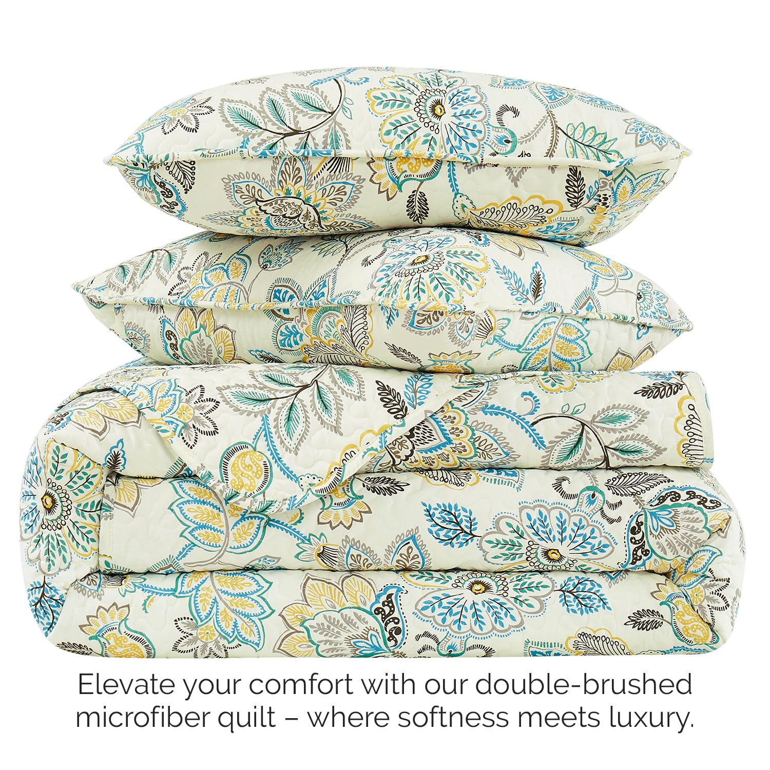 Southshore Fine Living Floral Paisley Quilt Set - 3-Piece Boho Bedspread with Pillow Shams, Full/Queen Size Cream Summer Coverlet | Perfect for Bohemian Bedroom Decor & Guest Room Styling