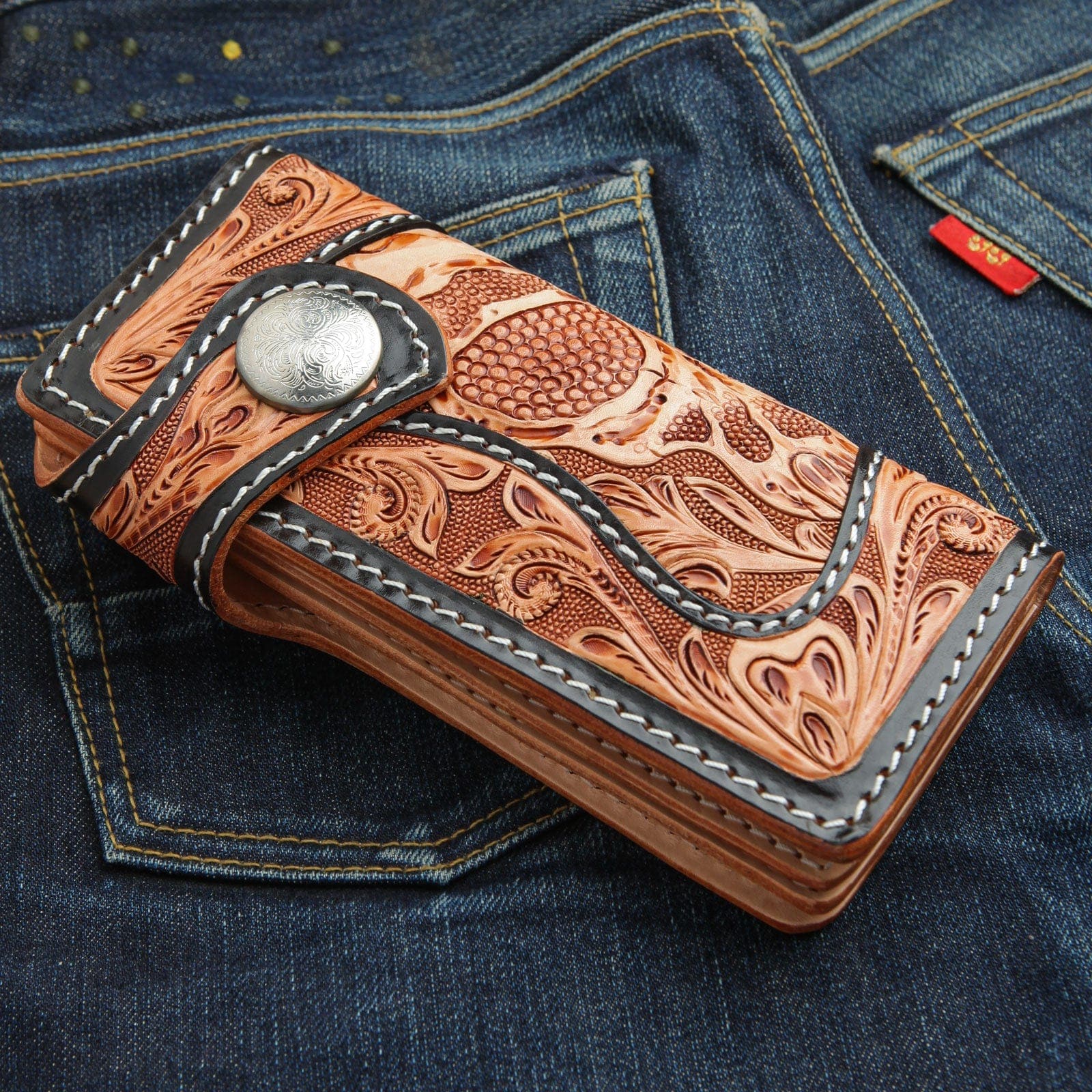 Genuine Cowhide Leather Biker Wallet for Men - Custom Beige & Light Brown | Stylish & Durable Men's Accessory for Motorcycle Riders & Everyday Use