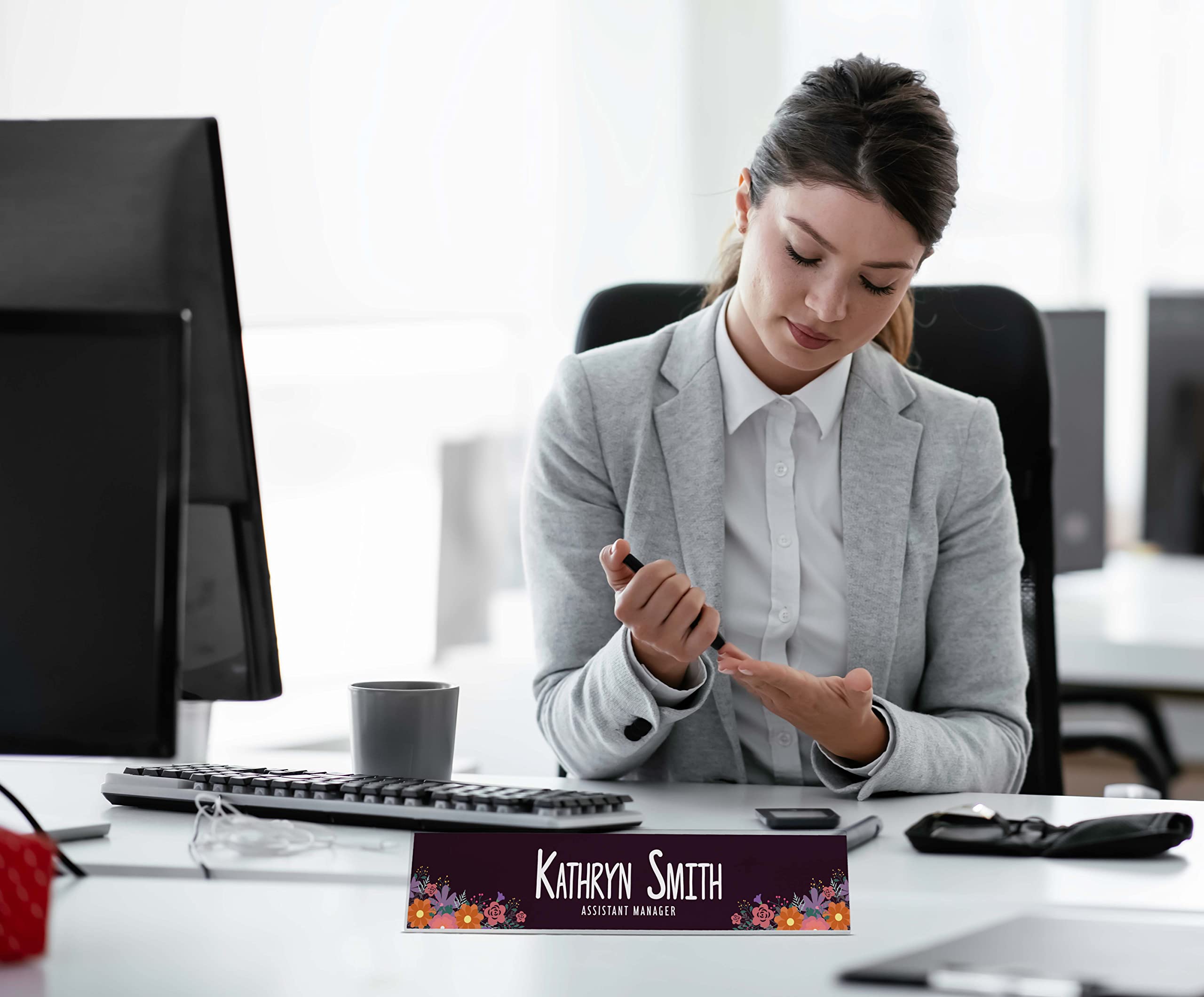 Personalized Acrylic Desk Name Plate - Custom Floral Office Name Sign (2x10 Inches) | Perfect for Workstations, Reception Desks & Home Office Decor