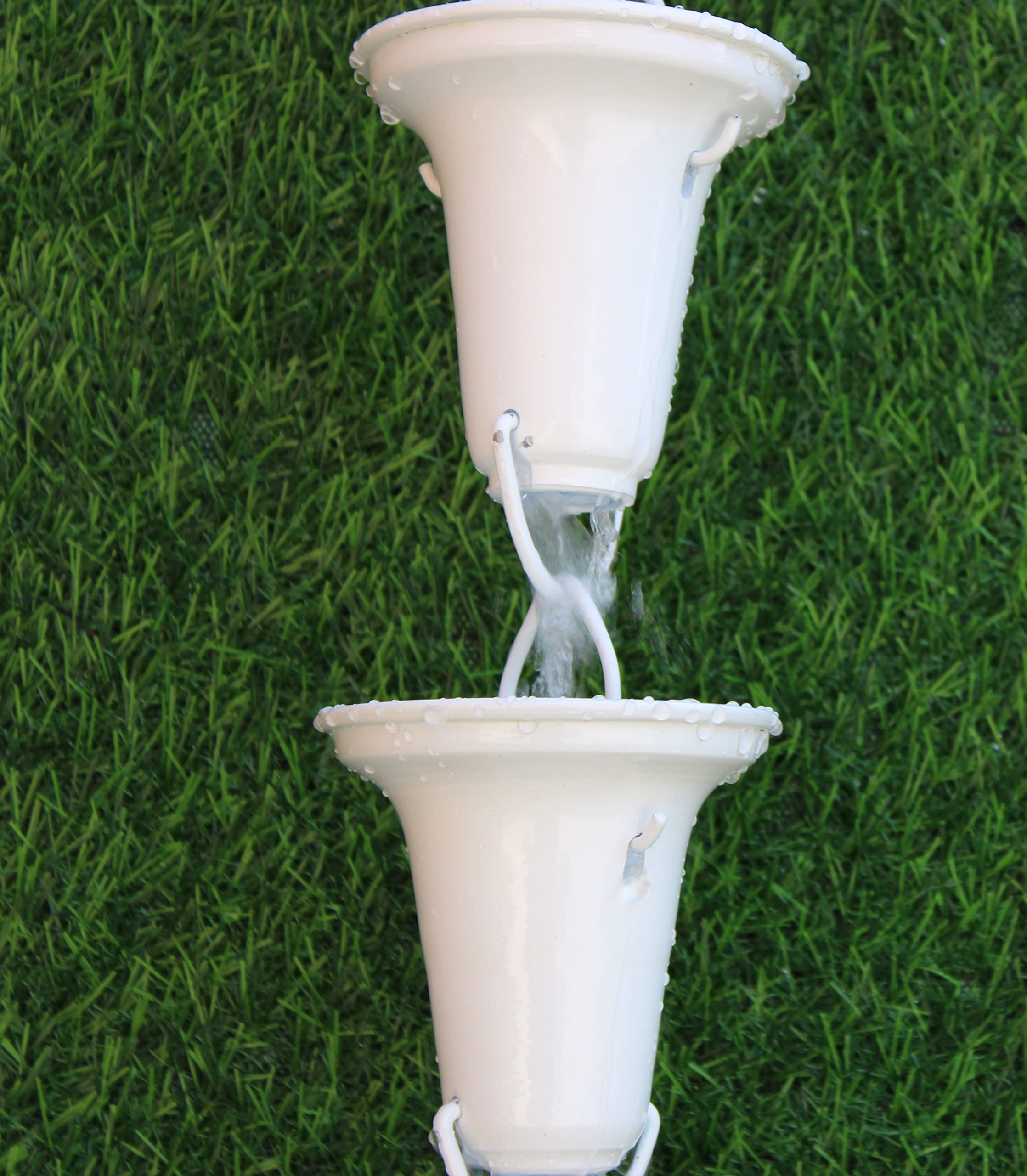 KAM Home Flared Cups Rain Chain with Brass Bolt Gutter Adapter - 10 Pack White Decorative Rainwater Diverter for Garden, Patio & Downspout Drainage System