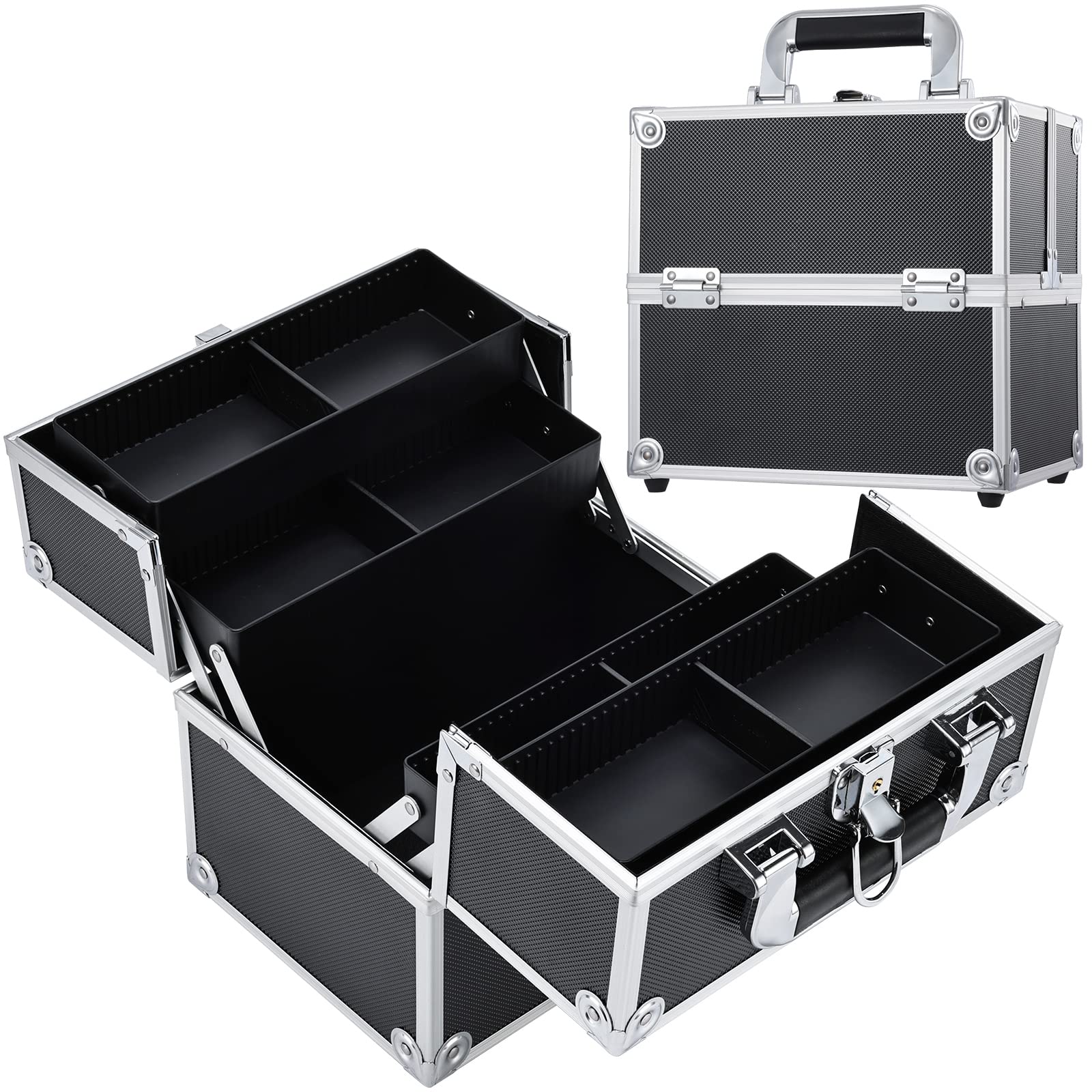 Professional Makeup Train Case - Lockable Cosmetic Organizer with 4 Adjustable Trays & Dividers | Portable Travel Makeup Storage Box for Makeup Artists, Crafters & Cosmetics | Perfect for Salon, Home Use & On-the-Go Beauty (Black)