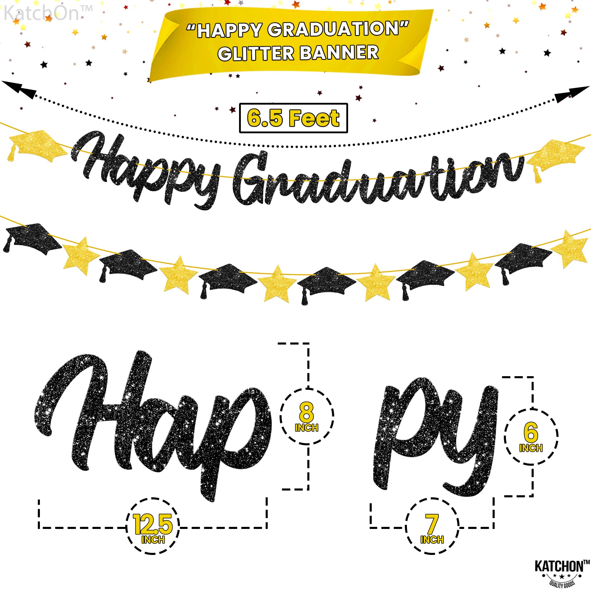 KatchOn 6.5ft Black & Gold Graduation Banner 2025 with Cap Garland - Ready to Use Graduation Party Decor for Class of 2025 - Perfect for High School & College Graduation Ceremonies, Photo Backdrops & Home Decor