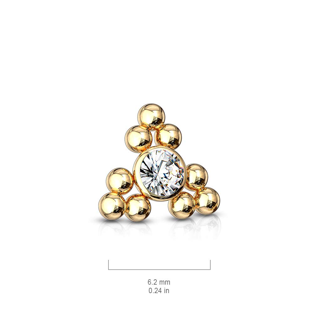 316L Surgical Steel Internally Threaded Dermal Top with CZ Triangle Ball Clusters - Gold Jewelry for Body Piercing | Perfect for Cartilage, Nose, and Ear Piercings