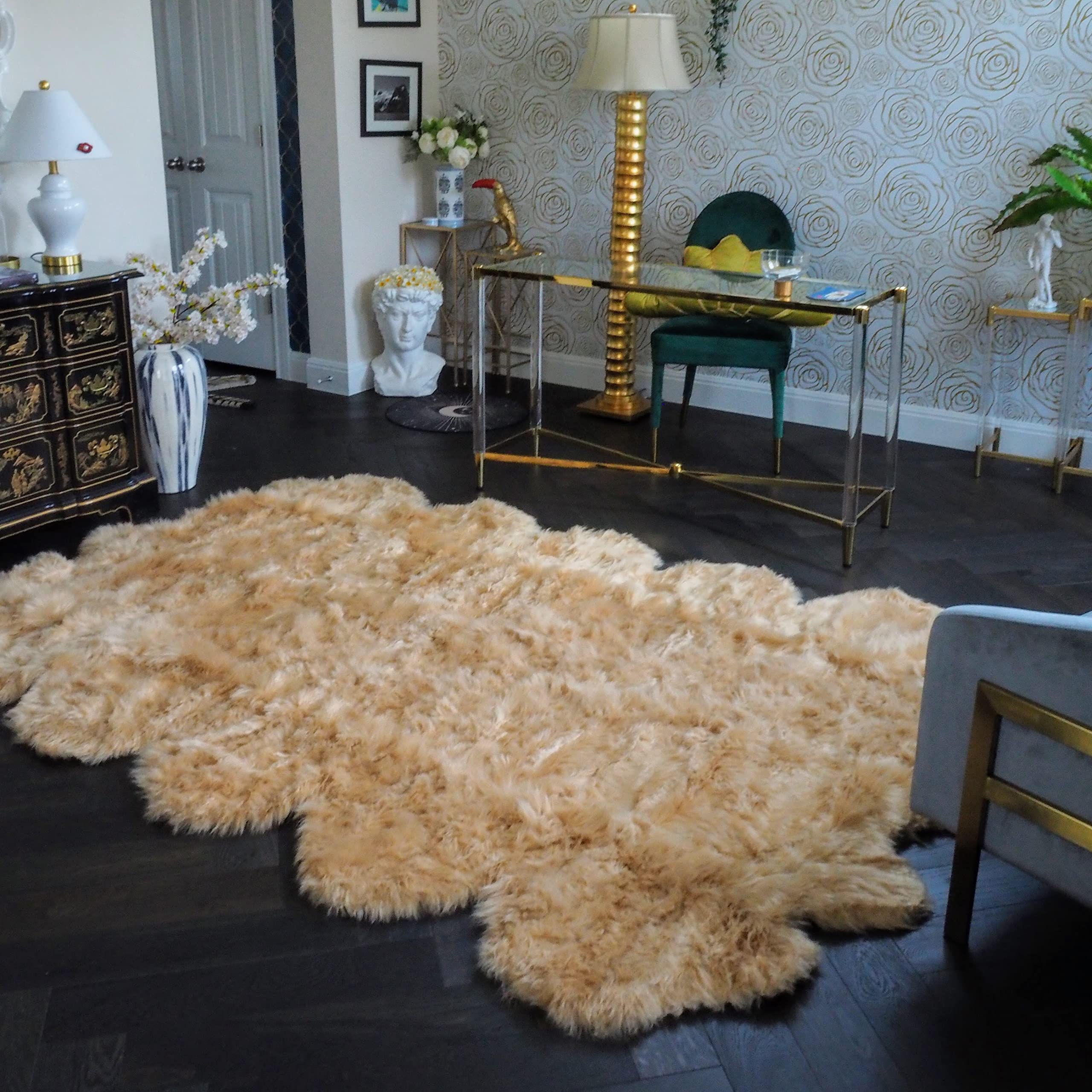 Maia Faux Fur Rug - 6x9 Feet Imitated Sheepskin, Machine Washable, Luxurious Champagne Shag Carpet for Bedroom, Living Room & Bathroom - Soft & Cozy Home Decor for Winter Warmth & Pet-Friendly Spaces