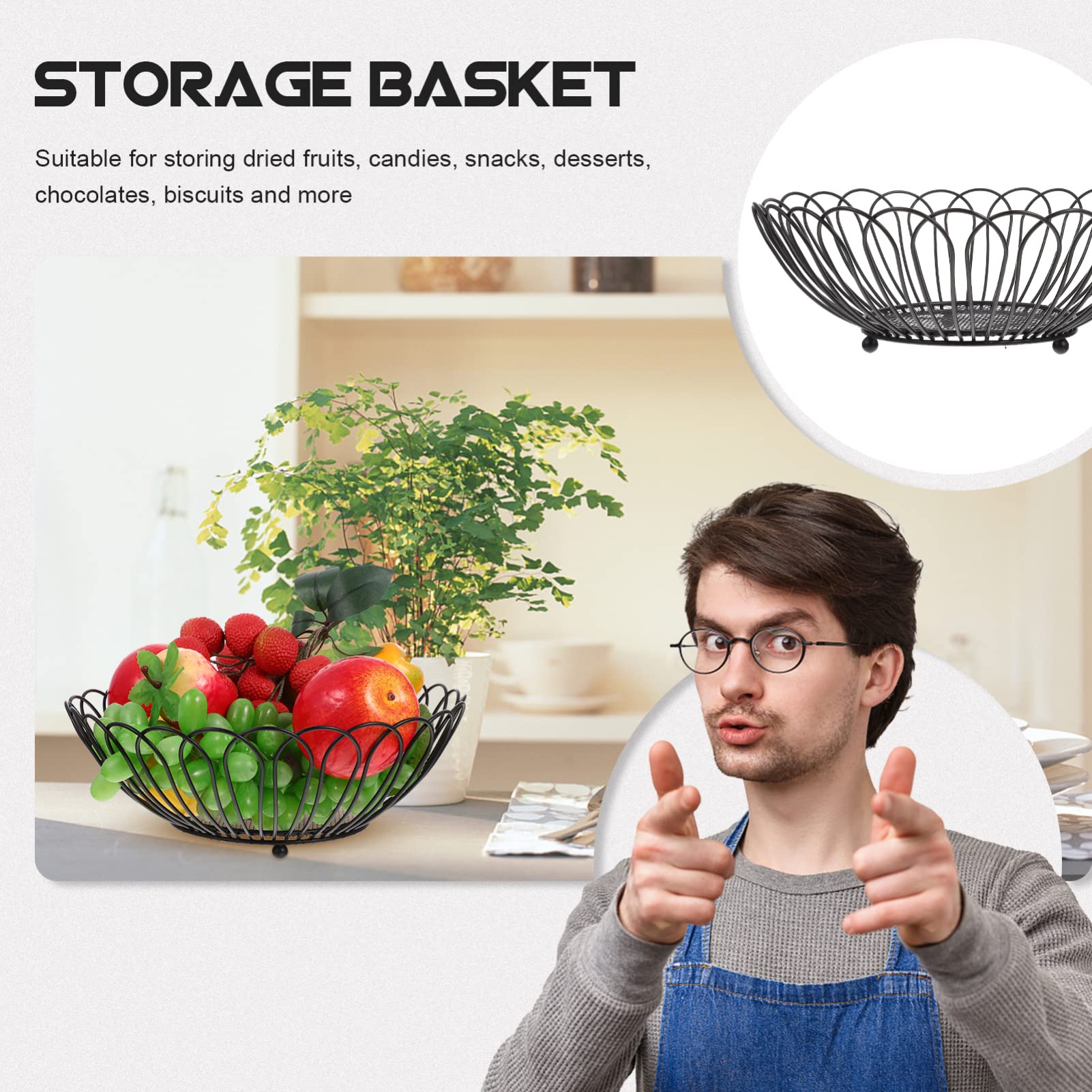 Angoily Round Wire Basket - Metal Fruit & Vegetable Storage Basket, Iron Arts Bread Bowl Stand - Decorative Snacks Holder & Candy Dish for Kitchen Countertop, Dining Room Table - Perfect for Organizing Produce, Displaying Bread, or Serving Snacks at Parties (Black)
