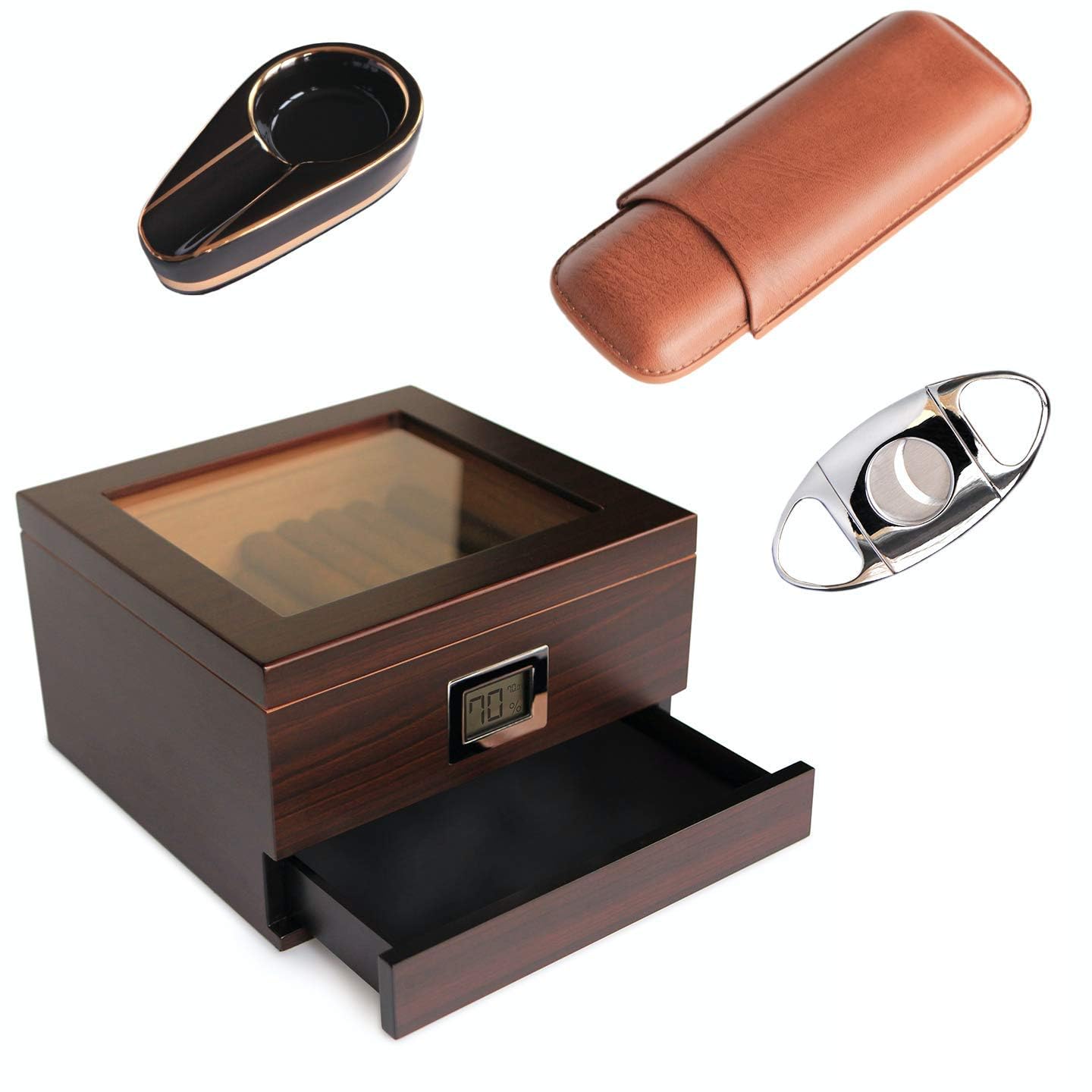 Premium Renzo Glass Top Humidor Set with Cigar Cutter, Ashtray & Travel Case - Luxury Cigar Storage Solution for Home, Office or Gifting - Perfect for Cigar Enthusiasts & Collectors