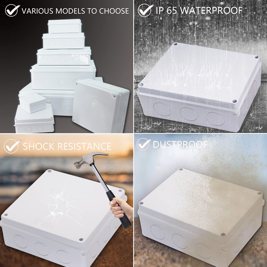 Zulkit IP65 Waterproof Junction Box - 10 x 7.9 x 3.1 Inch ABS Plastic Electrical Enclosure with Pre-Drilled Holes - Dustproof Project Box for Outdoor Wiring, Solar Panels & DIY Electronics (White)
