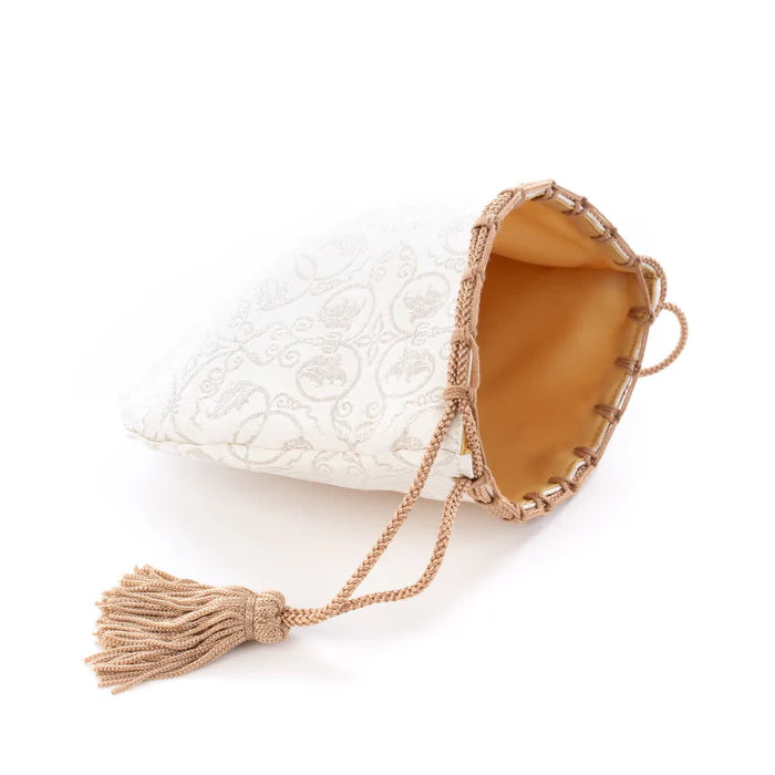 Nishijin Woven Small Drawstring Bag - Grapevine & White Silver | Handmade in Kyoto Japan | Traditional Japanese Craft Purse for Coins, Jewelry & Gifts
