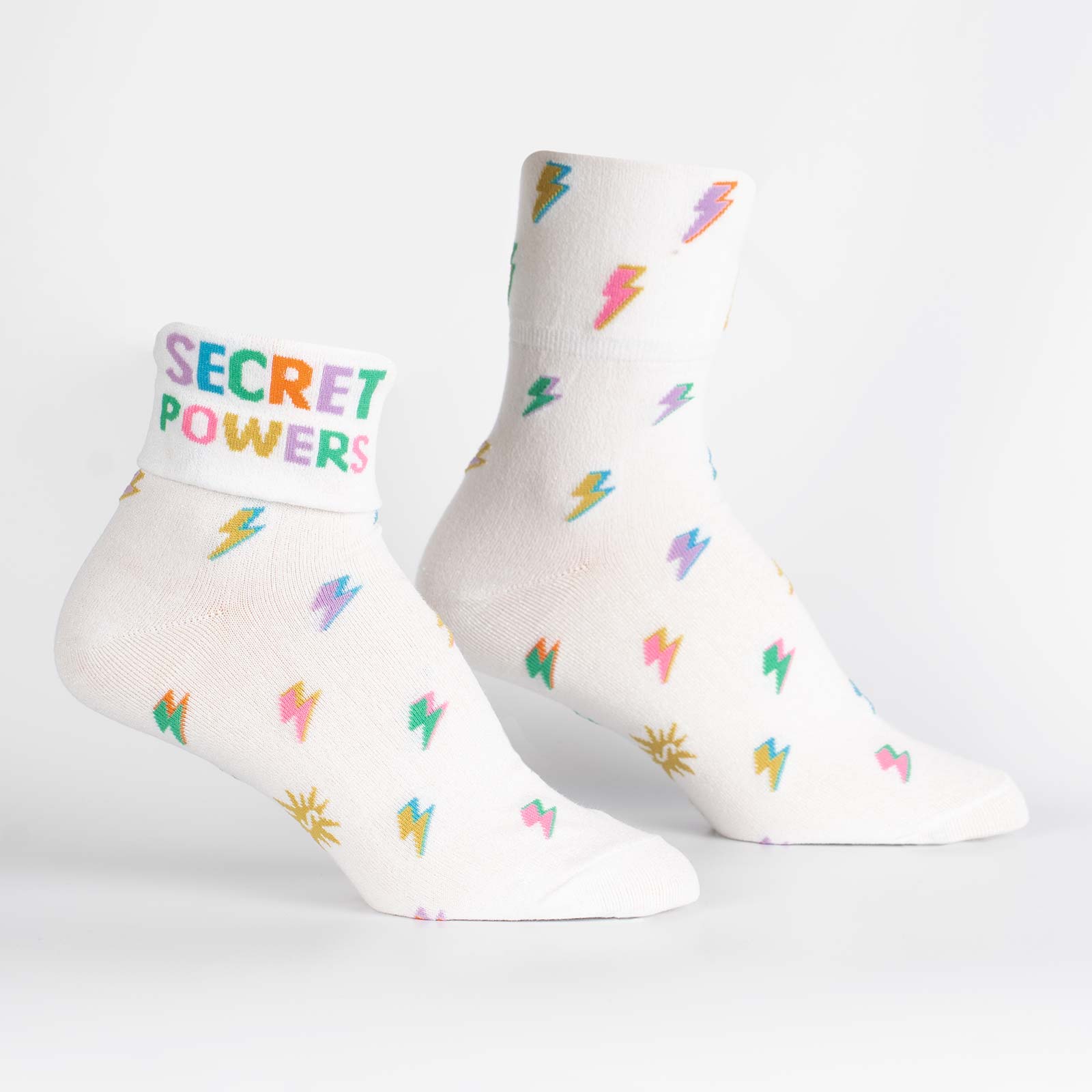 Secret Powers Turn Cuff Crew Socks - Fun Novelty Socks for Women & Men - Perfect for Cosplay, Gifts, and Everyday Wear