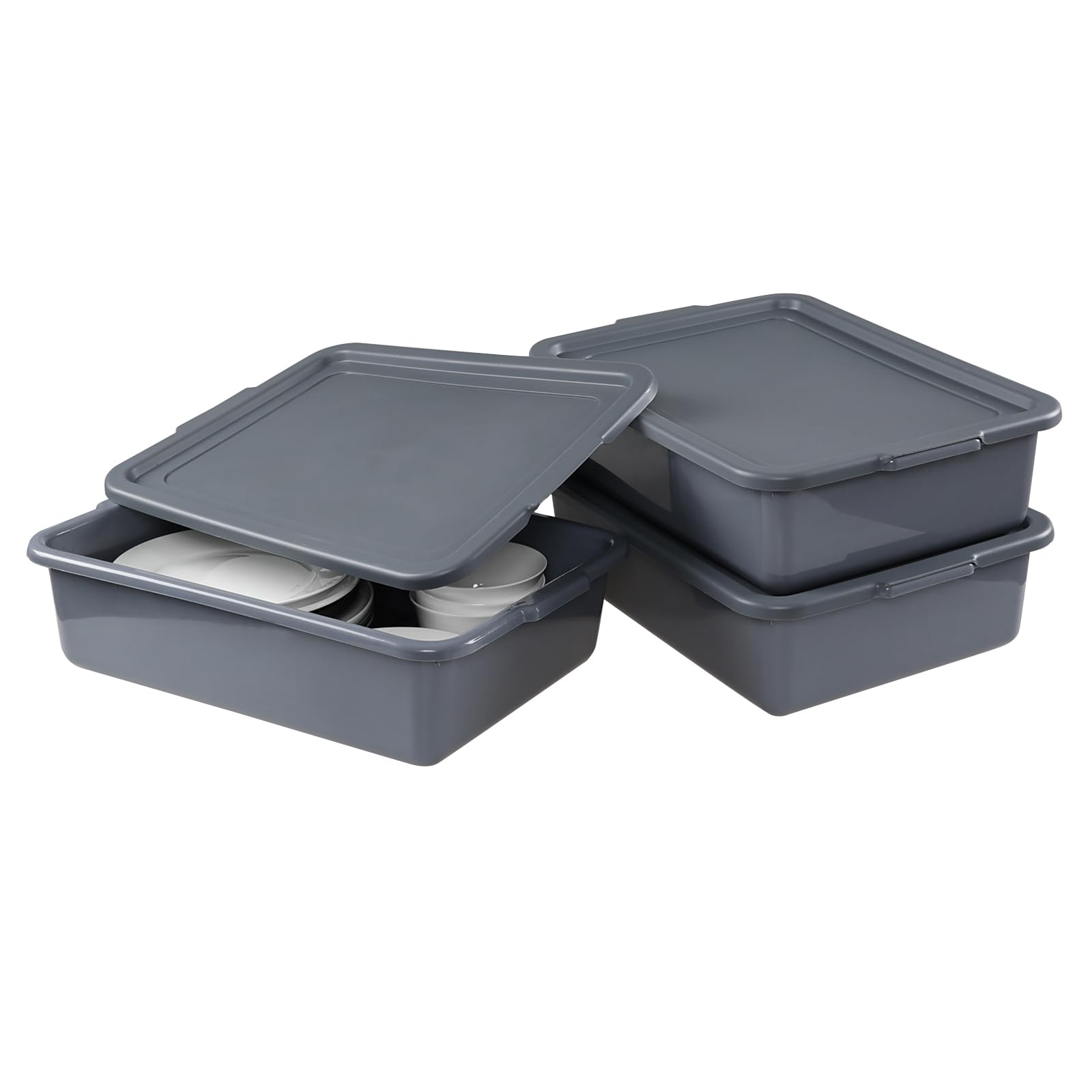 13L Plastic Bus Tray with Lids - Set of 3 Grey Commercial Food Storage Containers for Restaurants, Catering & Meal Prep | Durable Stackable Tote Boxes for Kitchen Organization & Transport