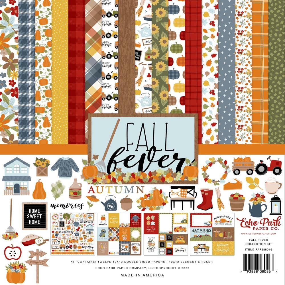 Echo Park Paper Fall Fever 12x12 Scrapbook Collection Kit with Cardstock Elements Sticker Sheets - Perfect for DIY Scrapbooking, Card Making, and Fall-Themed Craft Projects