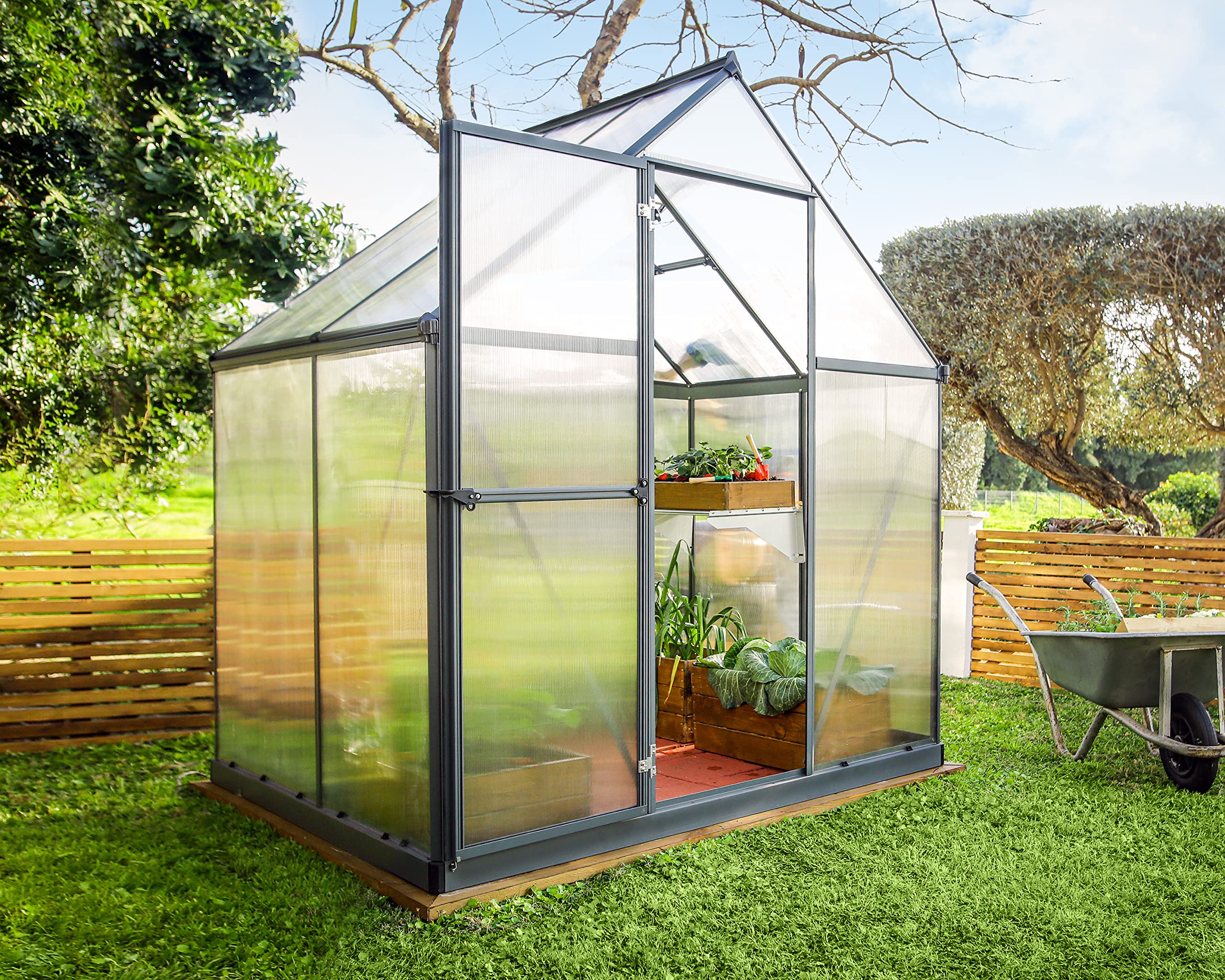 Canopia 6x4 Greenhouse Kit - Walk-In Hobby Greenhouse with Twin-Wall UV Polycarbonate Panels, Heavy Duty Aluminum Frame & Galvanized Steel Base - Lockable Door, Adjustable Roof Vent & Rain Gutters - Perfect for Gardening, Plant Growing & Backyard Use (Gray, Canopia Mythos Series)