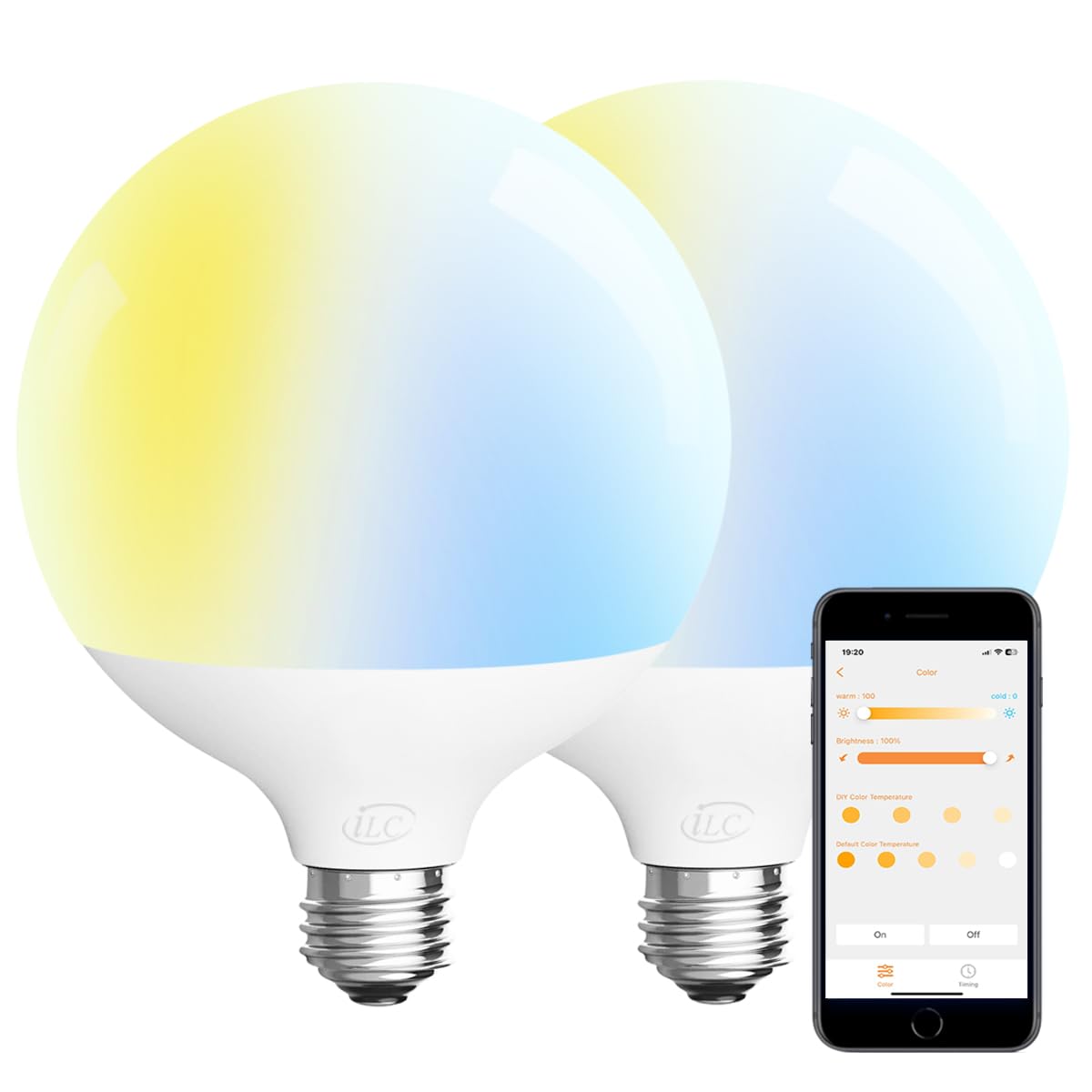 ILC G120 LED Large Globe Light Bulbs 15W (2 Pack) - Alexa Compatible, 150W Equivalent, 2700K-6000K Adjustable Color Temperature, E26 Base, CRI>95+ - Perfect for Living Room, Bedroom, or Smart Home Lighting