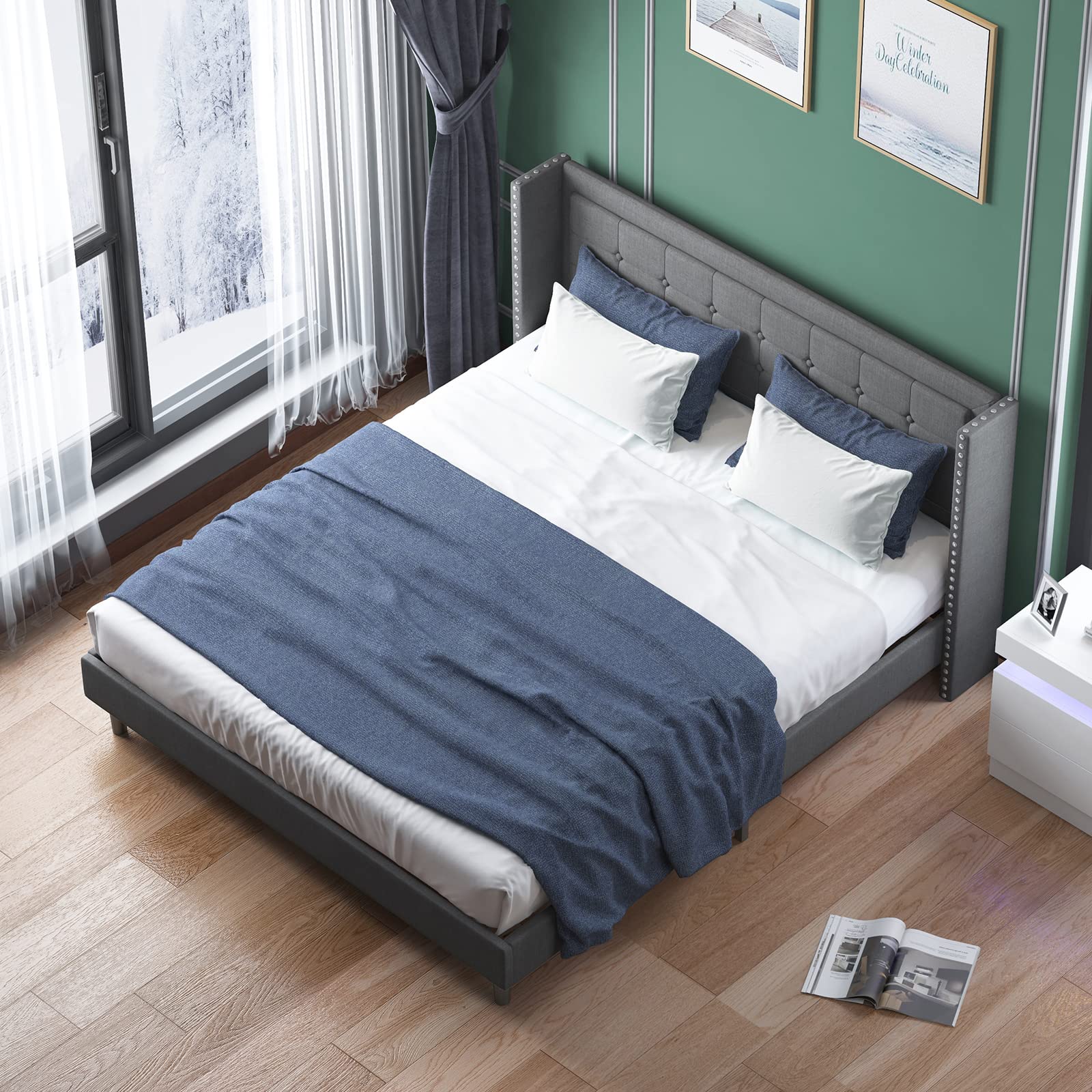 BALUS King Size Platform Bed Frame with Wingback Headboard - Modern Upholstered Bed with Rivet Design, No Box Spring Required, Easy Assembly (Dark Grey) - Perfect for Master Bedroom, Guest Room & Modern Home Decor