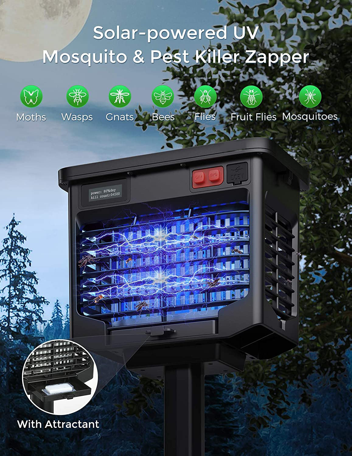 CD298 Solar Powered & USB Rechargeable Bug Zapper for Outdoor Use - Effective Mosquito & Insect Killer for Patio, Garden, Backyard, and Camping