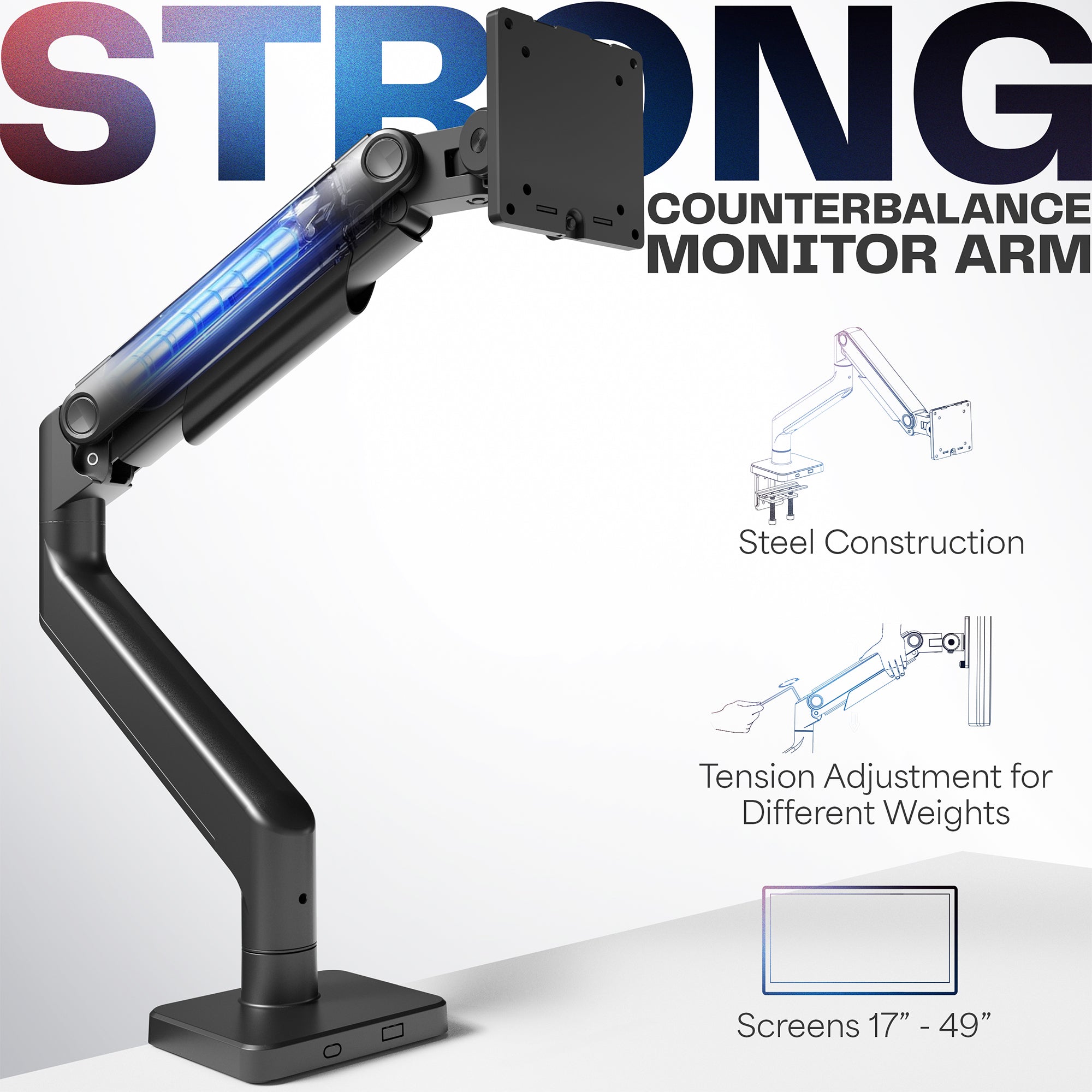 Adjustable Mechanical Arm Single Ultrawide Monitor Desk Mount - Holds Up to 49 Inch Screens - Perfect for Home Office, Gaming Setup & Workspace Ergonomics