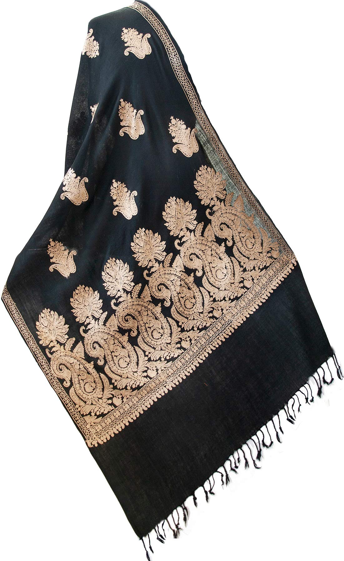 Elegant Black Crewel Embroidered Wool Shawl with Dense Gold Floral Paisley Design - 80x28 Inch Warm Winter Stole Wrap for Women, Perfect for Weddings, Parties & Cold Weather Fashion