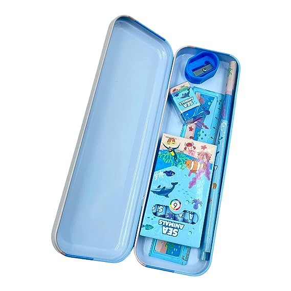 JMK CRAFTS Kids Cartoon-Themed Stationery Set - Kawaii Pencil Box, Crayons, Erasers, Sharpeners, School Supplies for Boys & Girls | Perfect for Classroom, Birthday Gifts & Back to School (Sea Animals, 1-Pack)