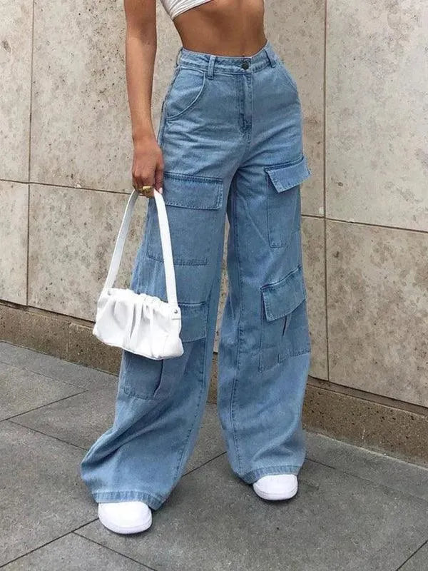 Women's High Waisted Wide Leg Cargo Jeans - Stretch Comfort & Utility Pockets | Casual Streetwear, Outdoor Adventures & Travel Essentials