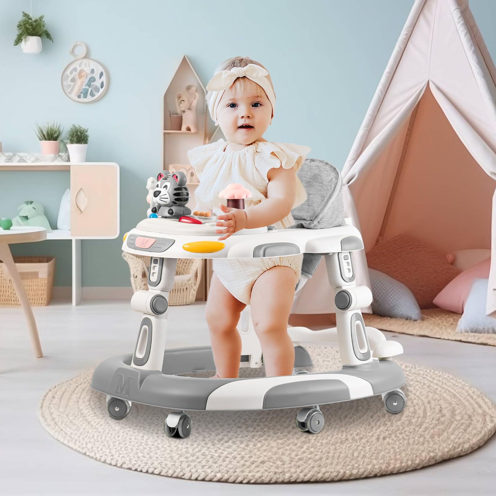 4-in-1 Foldable Baby Walker & Activity Center with Toy Tray - 3-Level Height Adjustable Infant Walker with Wheels for Boys & Girls 6-24 Months (Grey) - Perfect for Learning to Walk, Playtime & Indoor Activities