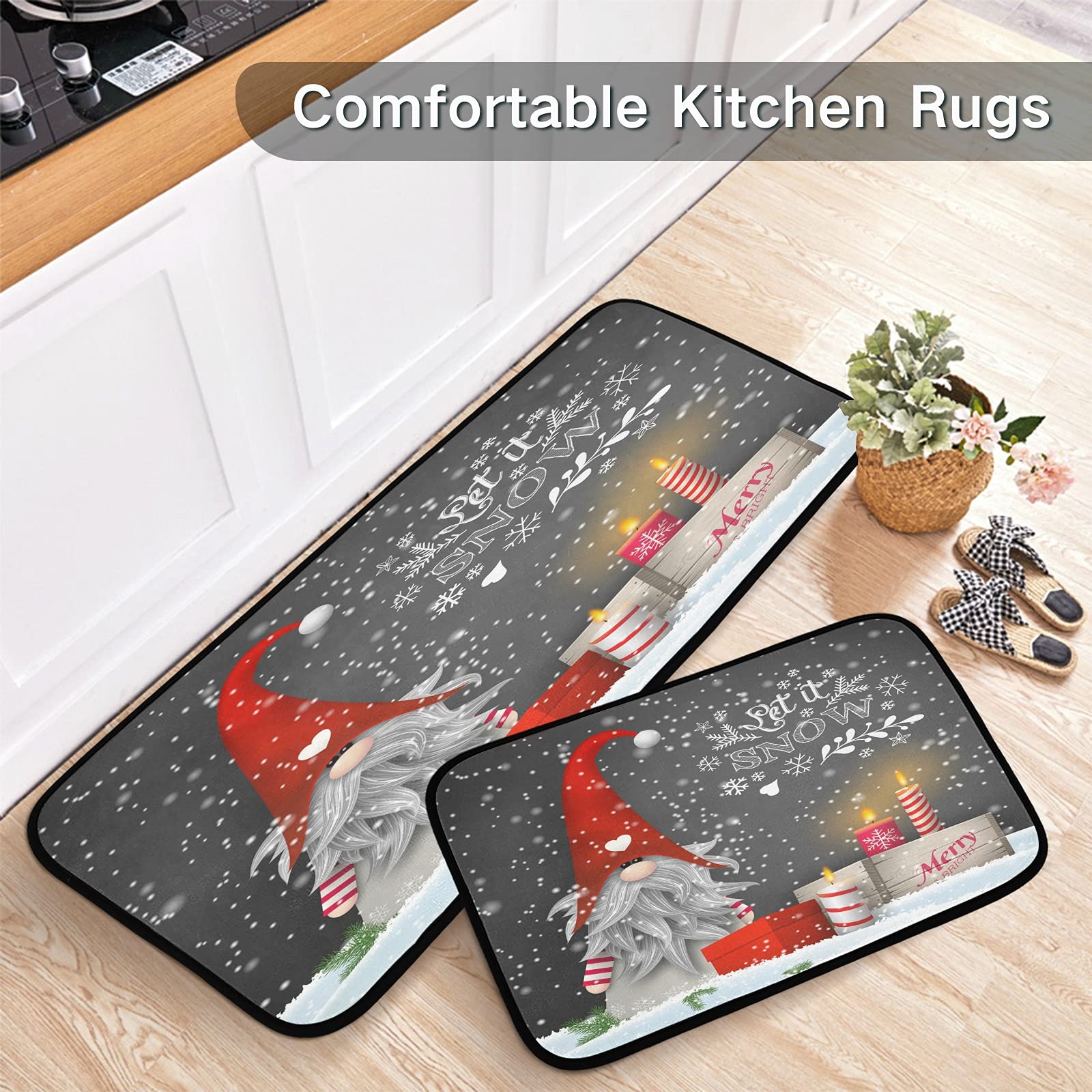 Christmas Gnome Snowflakes Non-Slip Kitchen Mats & Runner Set of 2 - Holiday Home Decor for Winter, Xmas Gifts, Cozy Kitchen & Laundry Floor Protection - Perfect for Entryways, Fireplace, and Festive Decorations