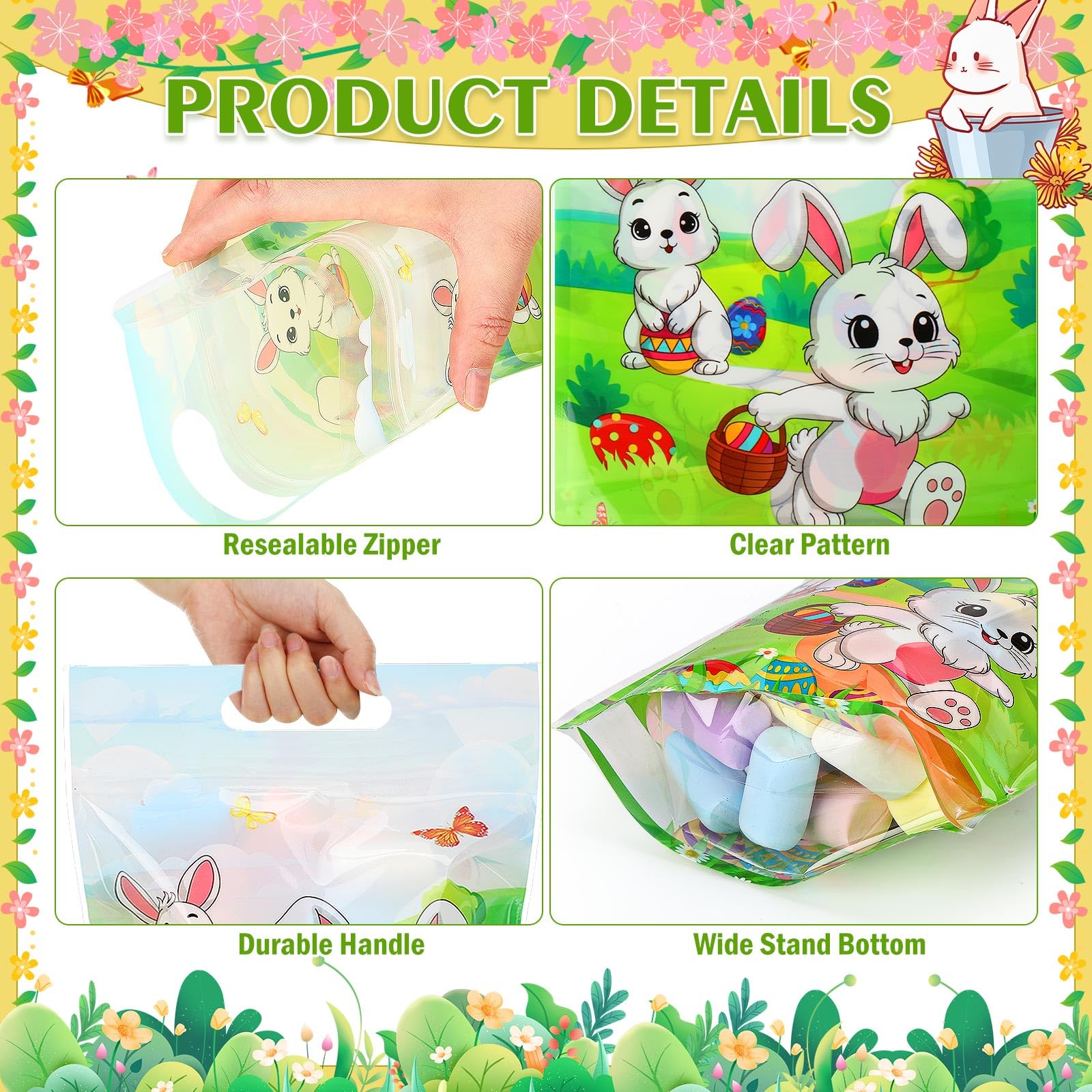 60 Pcs Easter Gift Bags - Plastic Tote Bags with Handles for Easter Eggs, Bunny Candy & Party Favors - Spring Easter Frog Chick Goodie Bags for Easter Egg Hunt, School Events & Spring Celebrations