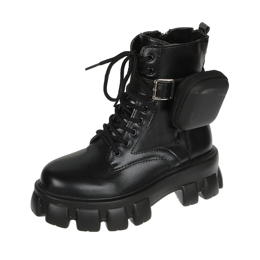 JITUUE Women's Thick Sole Lace Up Ankle Boots - British Style Pocket Boots with Increased Height for Casual Outfits & Winter Wear