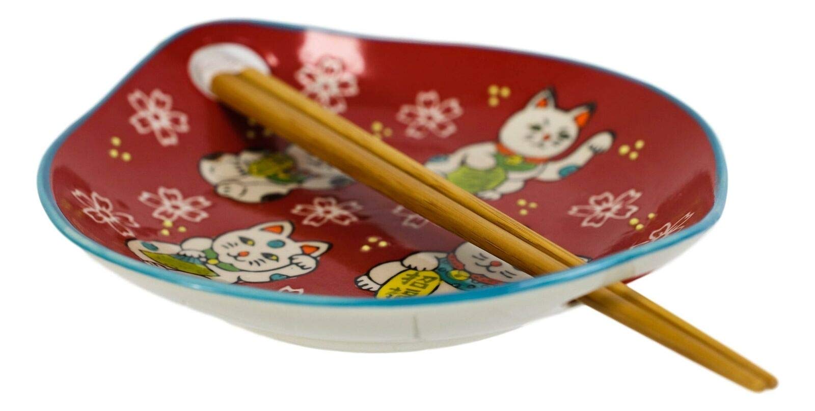 2 Pack Red Maneki Neko Lucky Cat Appetizer Plates with Chopsticks Set - Japanese Fortune Cat Sushi Serving Dishes for Asian Party, Home Decor & Good Luck Gift