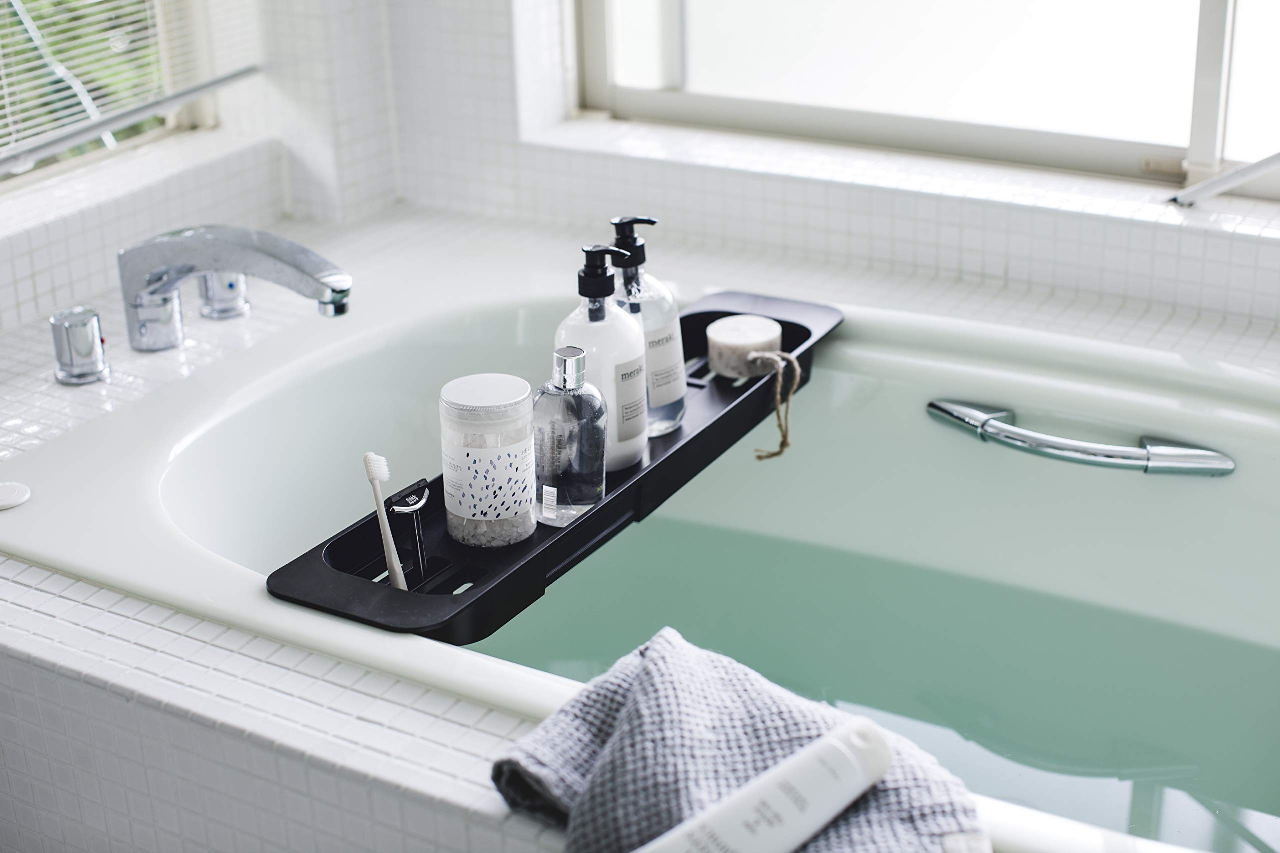 Yamazaki Home Expandable Bathtub Caddy - Bamboo Bath Tray with Adjustable Width, Book & Wine Holder for Relaxing Bath Time - Perfect for Spa Days, Reading & Self-Care Moments