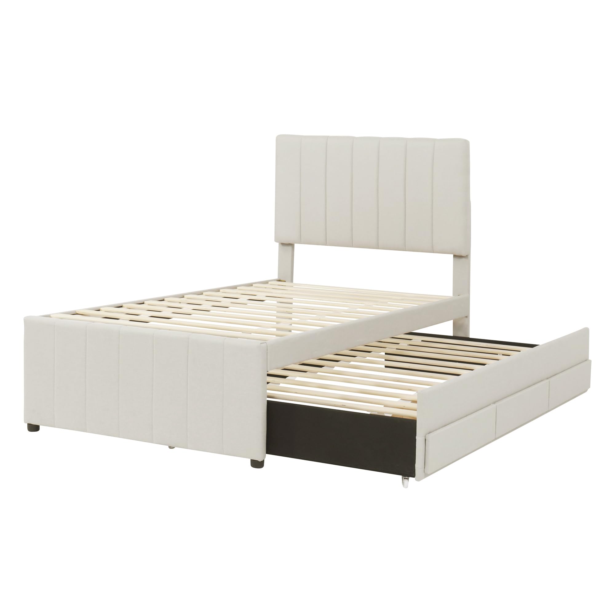 MERITLINE Twin Size Platform Bed with Pull-Out Trundle & 3 Storage Drawers - Linen Upholstered Bed Frame with Headboard for Kids, Teens & Adults - Space-Saving Bedroom Furniture for Small Rooms & Guest Rooms (Twin, Beige)